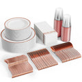 FOCUSLINE 350 Ct Disposable Dinnerware Set for 50 Guests -Heavy Duty Plastic Plates with Gold Rim, Includes 50 Dinner & Salad Plates, Cups, Napkins, Cutlery Set
