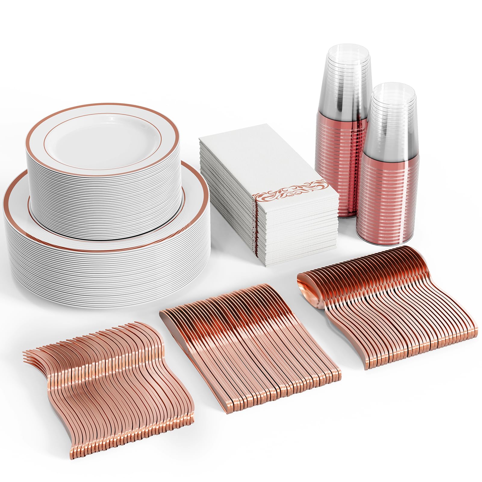 FOCUSLINE 350 Ct Disposable Dinnerware Set for 50 Guests -Heavy Duty Plastic Plates with Gold Rim, Includes 50 Dinner & Salad Plates, Cups, Napkins, Cutlery Set