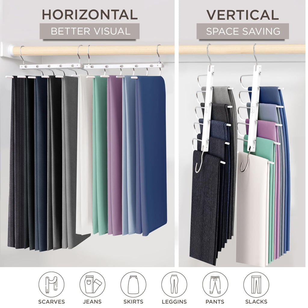 MORALVE Pants Hangers Space Saving - 2 Pack European Beechwood Scarf and Jean Hangers - Closet Organizer and Space Saver Pant Rack, Leggings Hanger, and Scarf Holder with 360° Swivel Hook