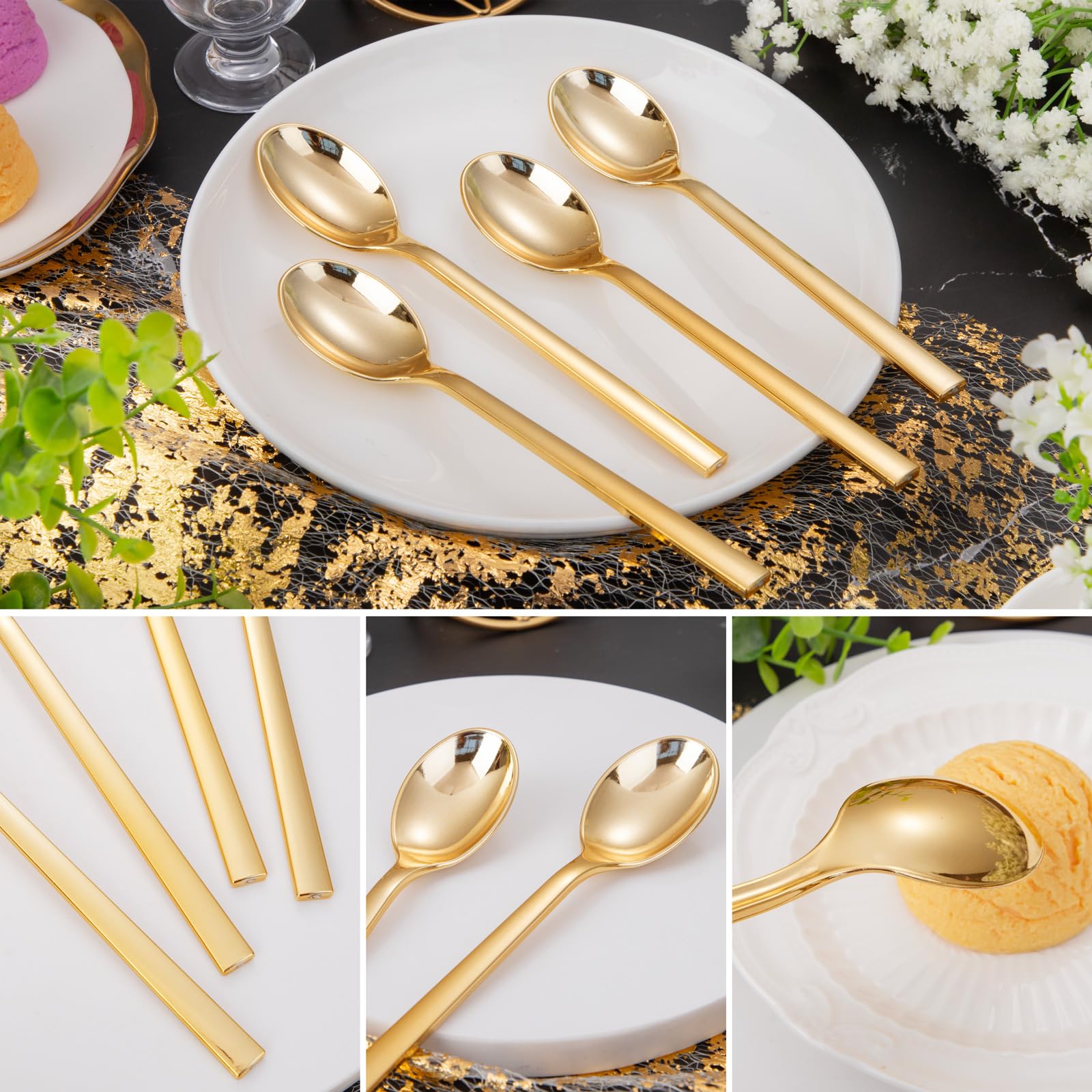 DaYammi 100Pcs Gold Plastic Spoons, Disposable Silverware, plastic Cutlery Heavy Duty Disposable Flatware Dinnerware Perfect for Dinner Parties, Gold disposable Spoons for Party Wedding Dinner