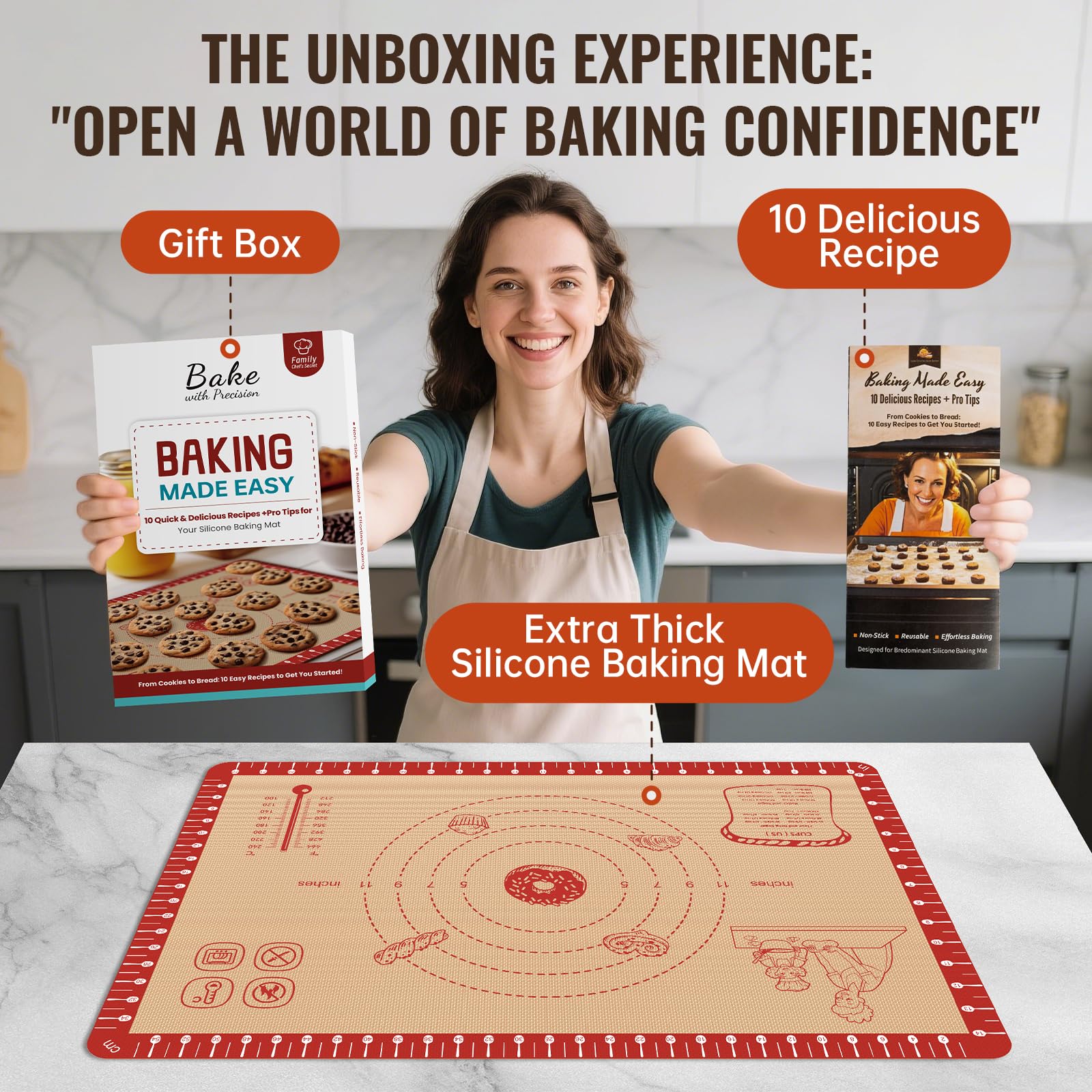 Silicone Baking Mat with Recipes, Extra Thick Silicone Mats for Baking, Non Stick Pastry Mat for Rolling Dough, Silicone Macaron Baking Mat for Cookie,Bread,Pizza,Fondant Mat, Oven&Dishwasher Safe