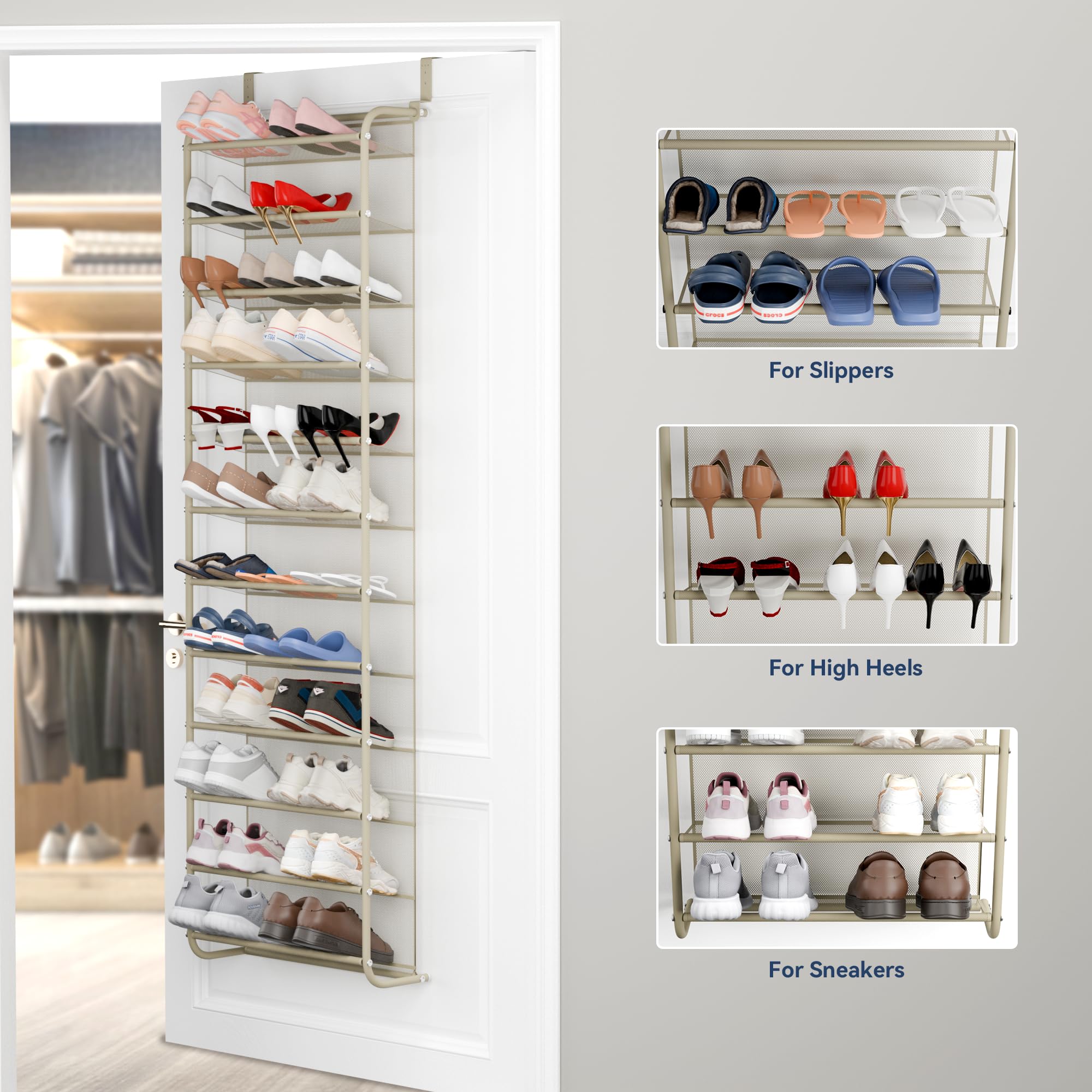 Whitmor 36 Pair Over the Door Shoe Organizer, 12 Tier Hanging Shoe Organizer, Heavy Duty Metal & Mesh Shoe Holder, Hanging Shoe Rack for Closet Organizer & Storage, 74"L x 21.7"W x 7.5"H, White