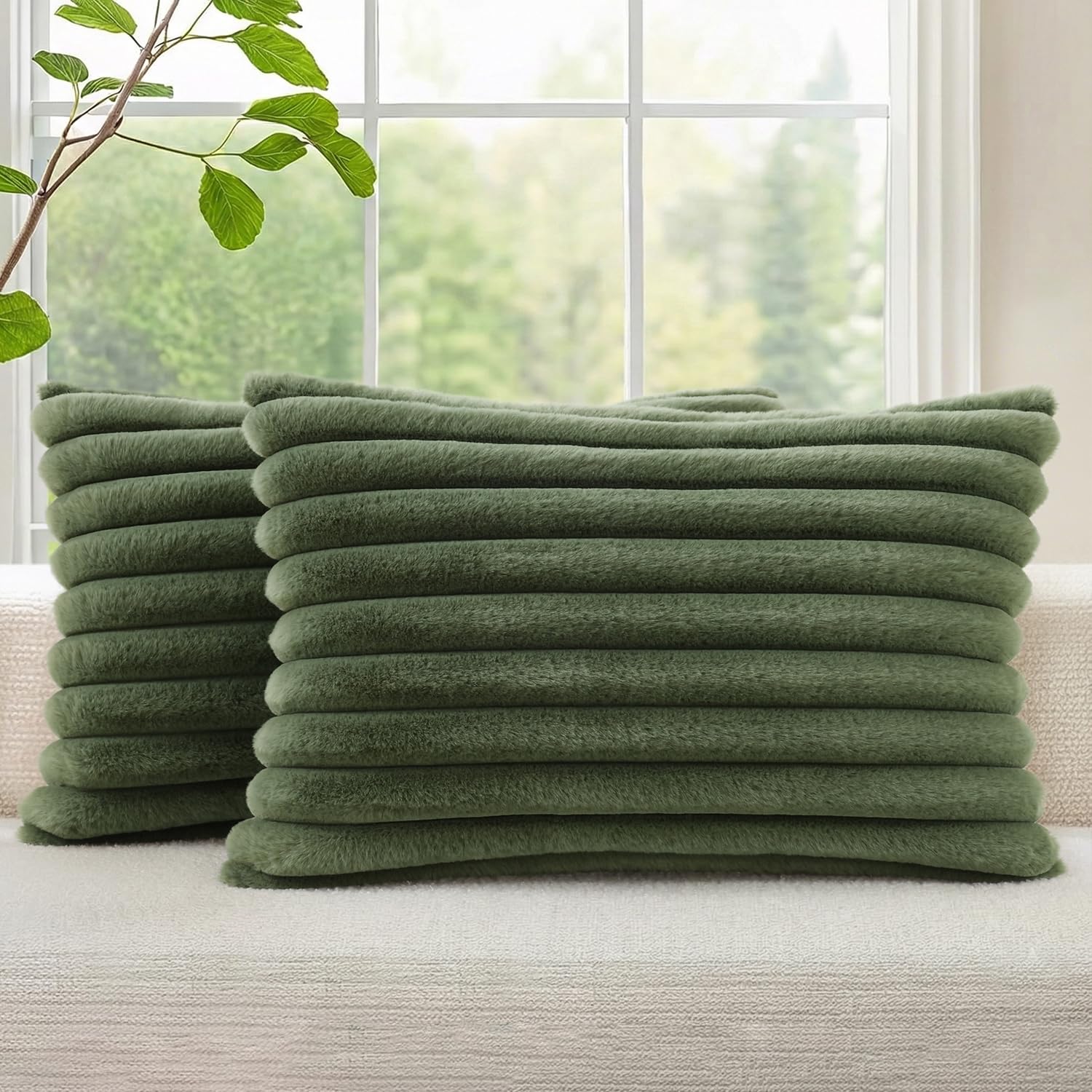 decorUhome Cozy Faux Fur Spring Throw Pillow Covers 18x18 Set of 2 Decorative Soft Plush Striped Modern Farmhouse Boho Couch Pillow Cases with Velvet Back for Sofa Bed Living Room, Cream White