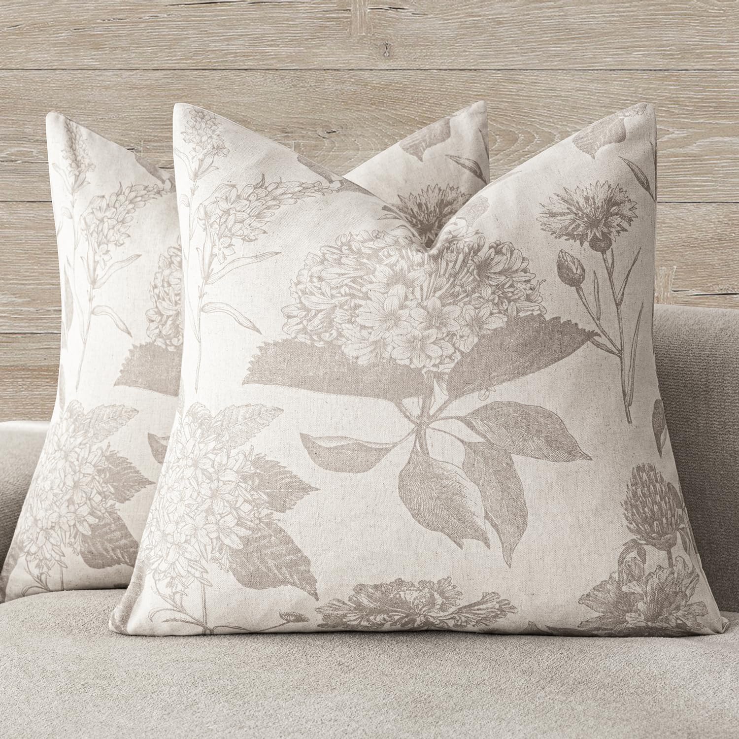 Foindtower Set of 2 Linen Floral Vintage Throw Pillow Covers Neutral Accent Print Decorative Cushion Covers Farmhouse Boho Home Decor for Sofa Chair Couch Bedroom Living Room,18×18 Inch,Blue