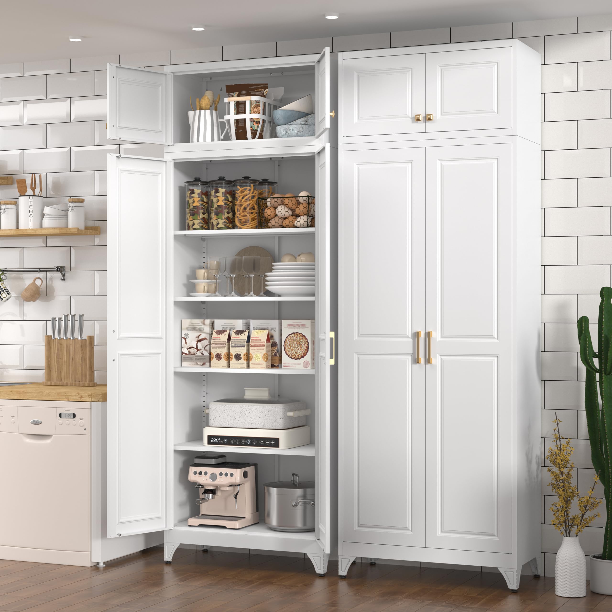 Polup White Kitchen Pantry Cabinet, 71 Inch Tall Metal Storage Cabinet with Doors and Shelves, Pantry Cabinets for Kitchen Storage, Freestanding Cupboard for Living, Dining Room, Assemble Required