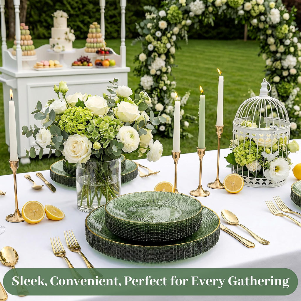 DaYammi 60Pcs Sage Green Plastic Plates with Gold Rim,Disposable Plates Set Includes 30 Dinner Plate & 30 Salad Plate,Fancy Green Party Plates with Radial Texture for Party Wedding Dinner