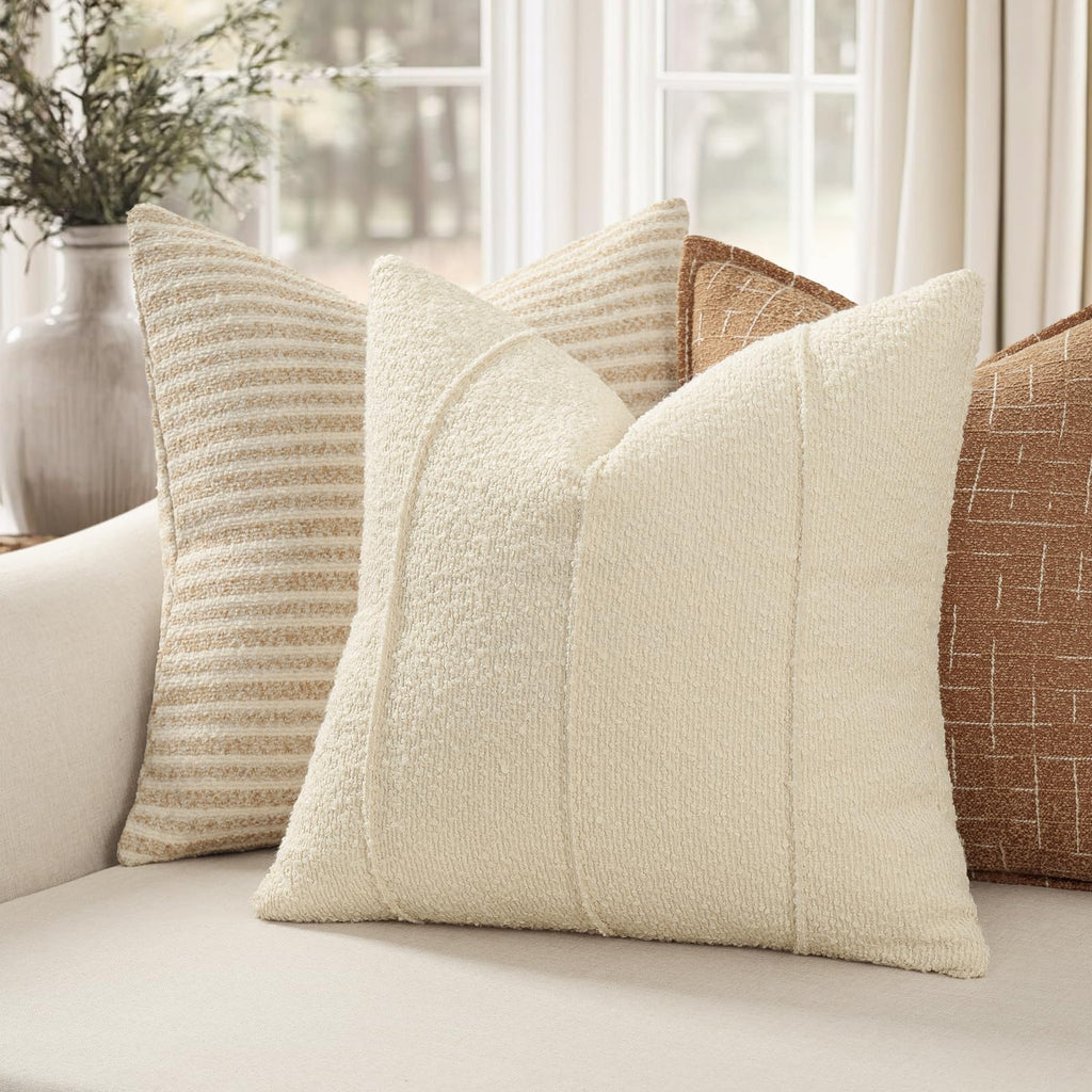 YCOLL Textured Boucle Throw Pillow Covers 20x20 Pack of 2 - Soft Neutral Striped Cushion Covers, Cozy Accent Decorative Pillow Covers for Couch, Sofa, Bed, Living Room (Beige)