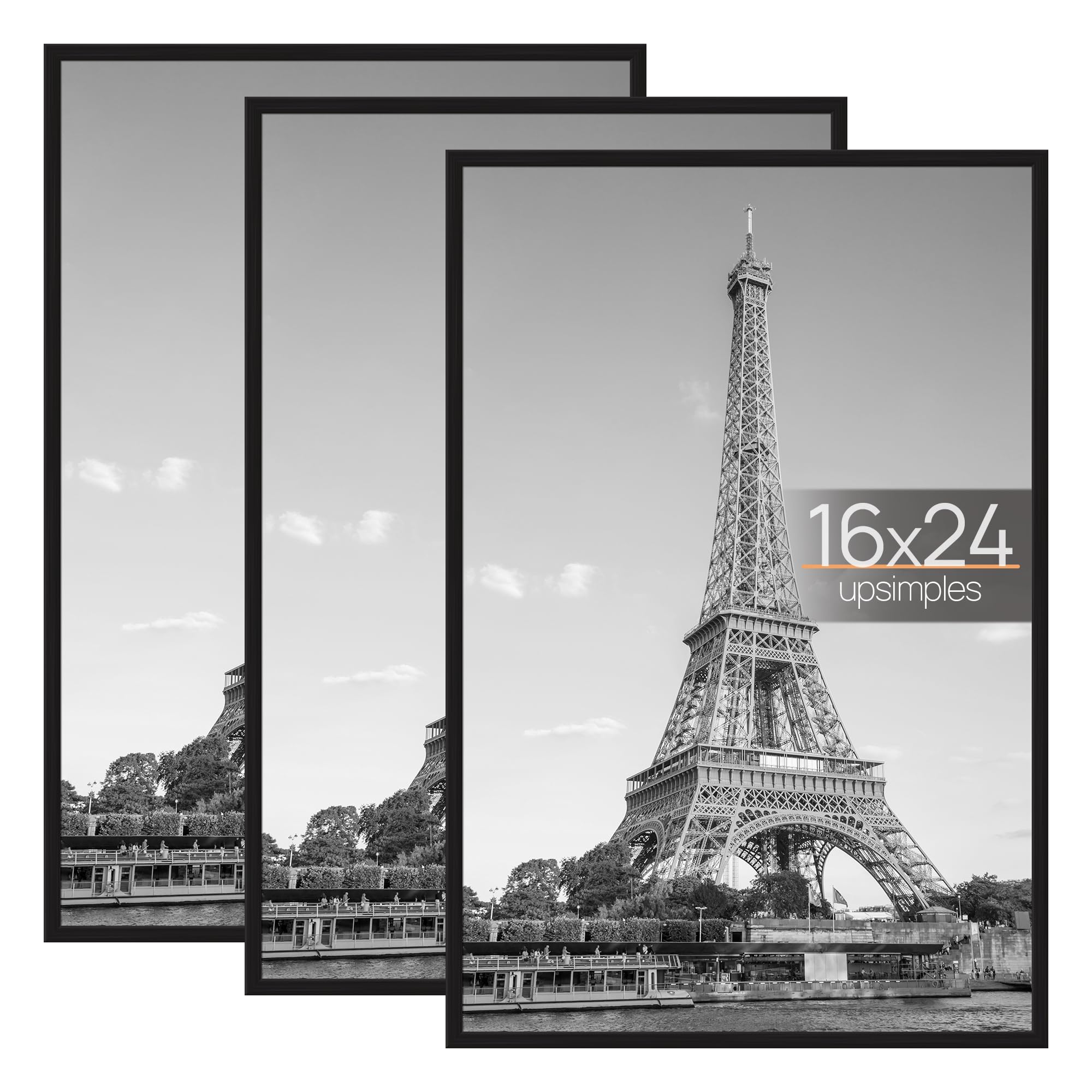 upsimples 12x16 Picture Frame Black 3 Pack, Scratch-Proof Poster Frames 12 x 16 for Photo Gallery - Slide-In Strips, Horizontal or Vertical Wall Mounting