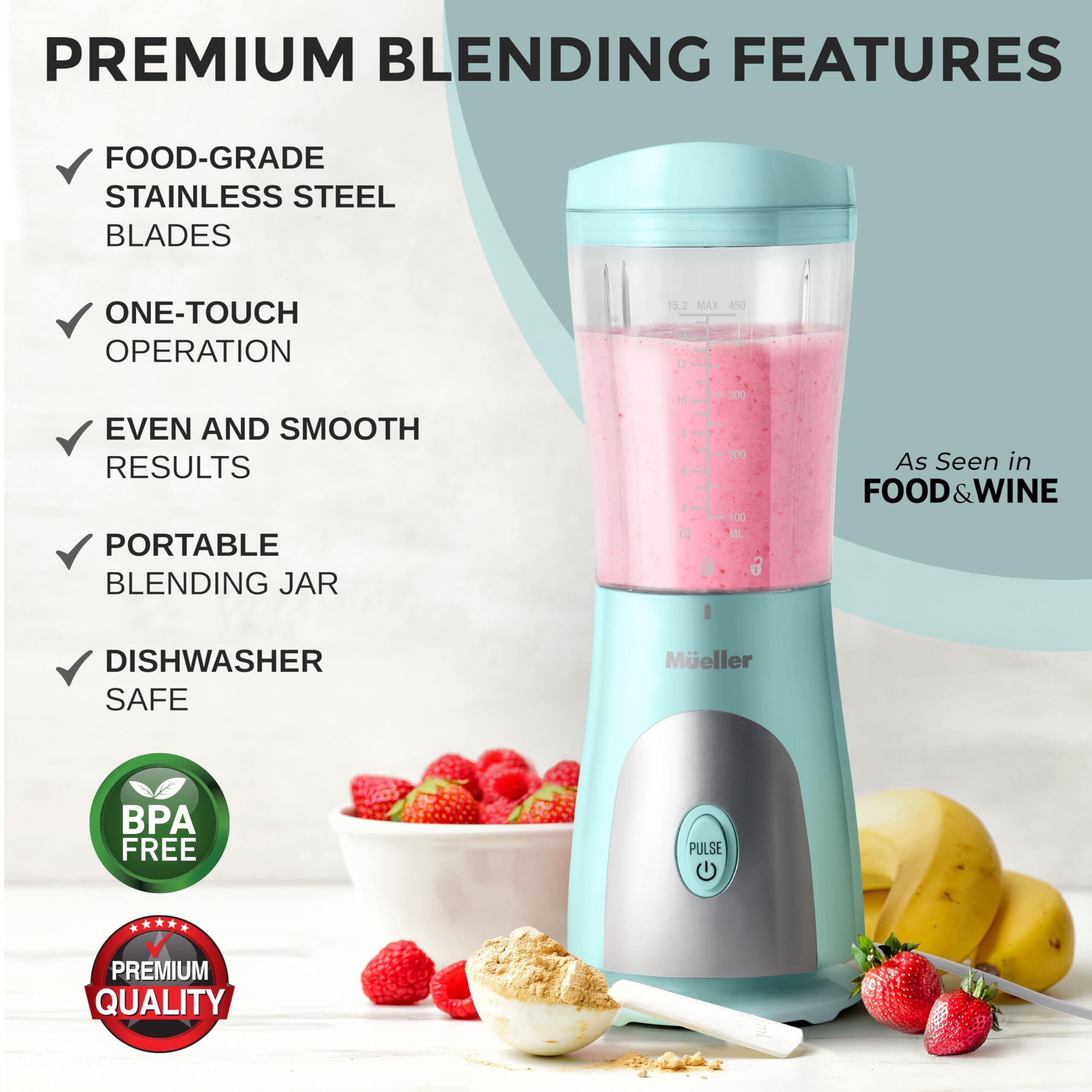 Mueller Smoothie Blender for Smoothies - Personal Blender for Shakes, Frozen Drinks, Baby Food & More, 15oz Travel Cup and Lid, Durable Stainless Steel Blades for Powerful Blending Performance, Black
