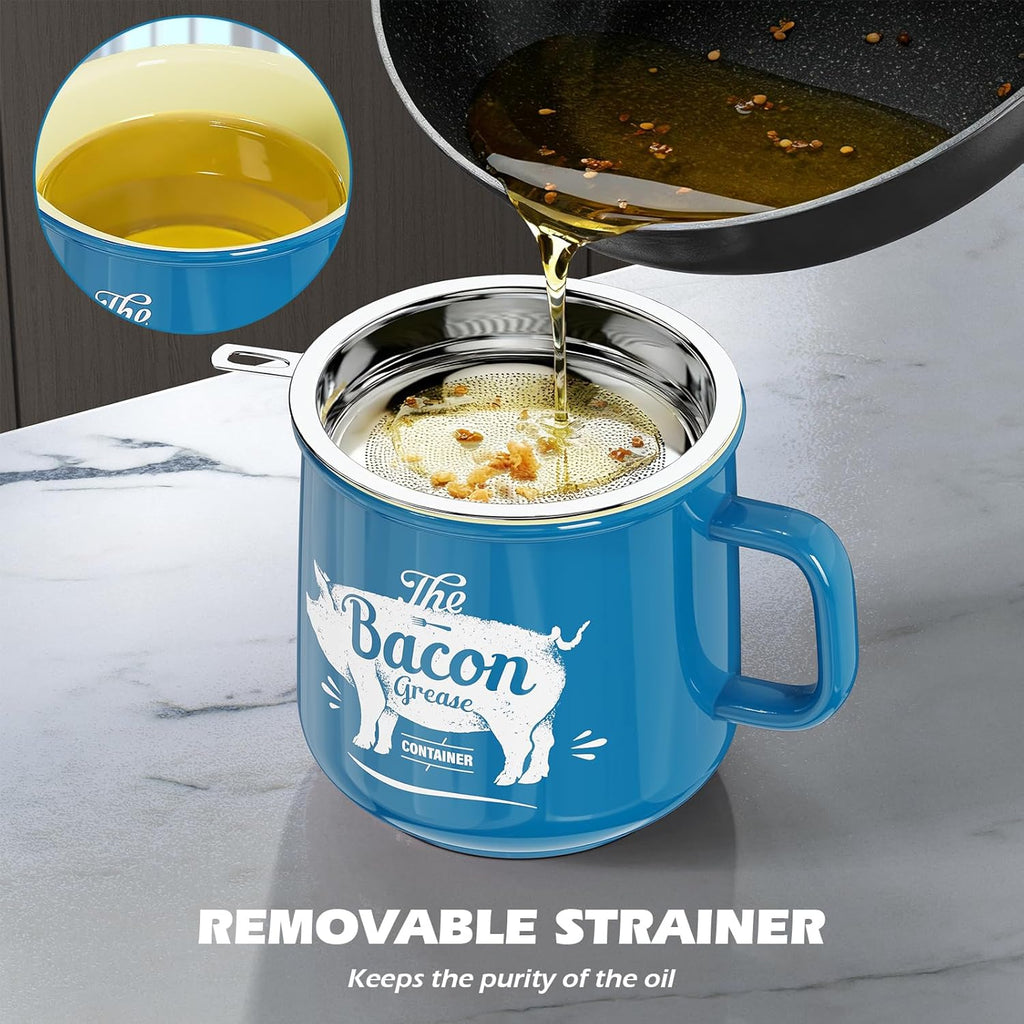 PGYARD Ceramic Bacon Grease Saver With Strainer - 23OZ Bacon Grease Container Farmhouse Keeper For Kitchen Fat Storage-Blue