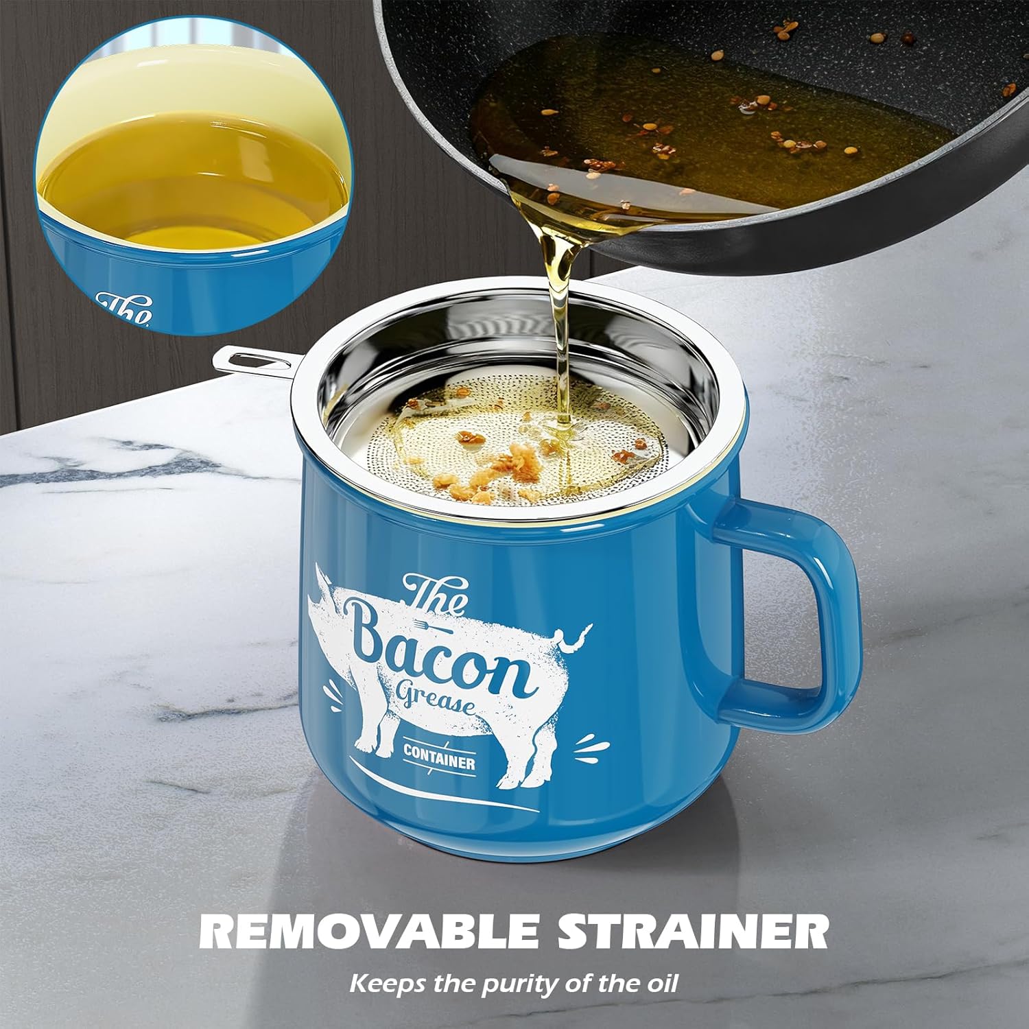 PGYARD Ceramic Bacon Grease Saver With Strainer - 23OZ Bacon Grease Container Farmhouse Keeper For Kitchen Fat Storage-Blue