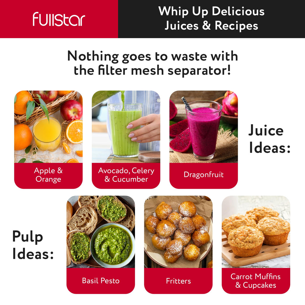 Fullstar Juicer Machines Vegetable and Fruit, 400W Compact Juicer, 3" Wide Mouth, 2-Speed Setting, Stainless Steel, BPA-Free (Black)