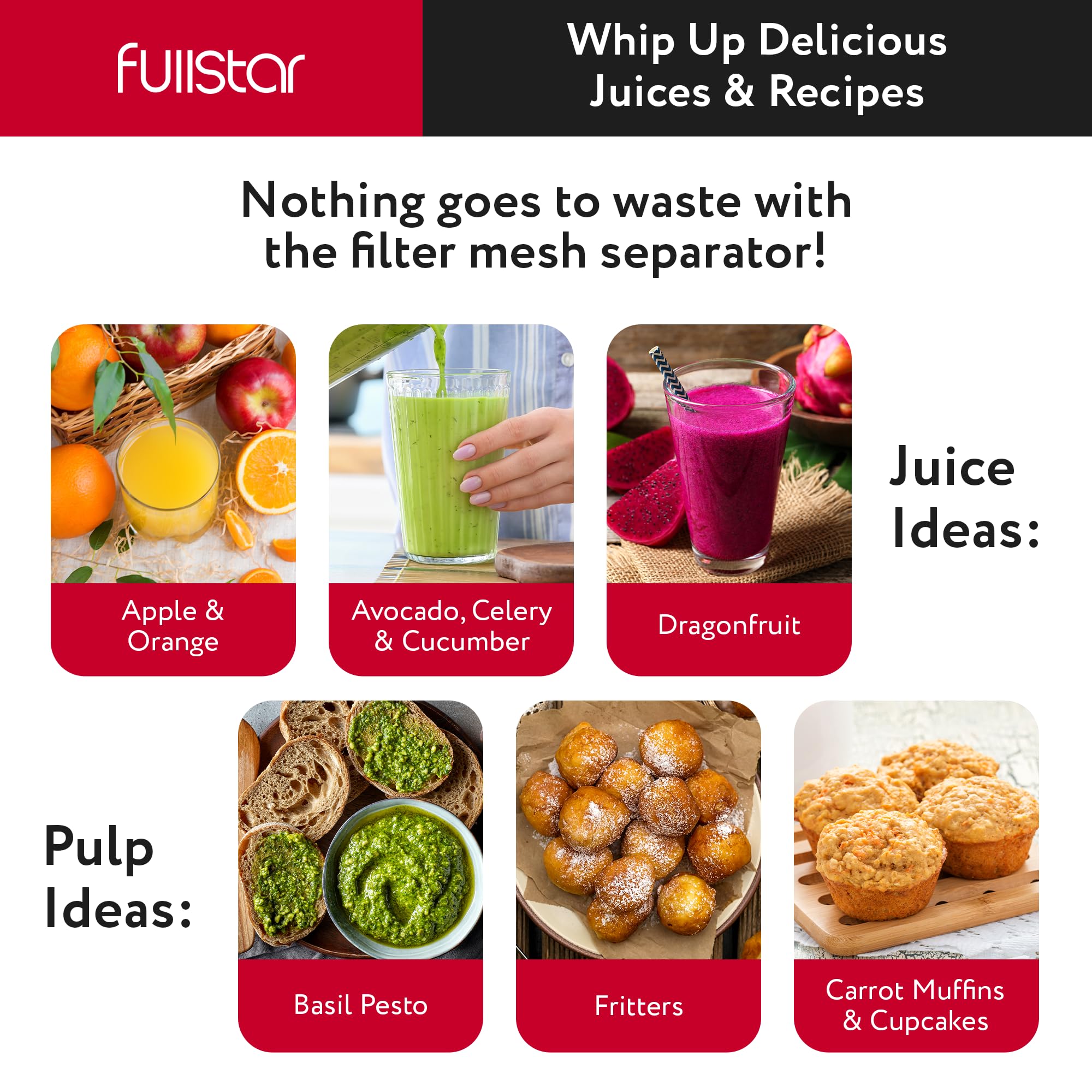 Fullstar Juicer Machines Vegetable and Fruit, 400W Compact Juicer, 3" Wide Mouth, 2-Speed Setting, Stainless Steel, BPA-Free (Black)