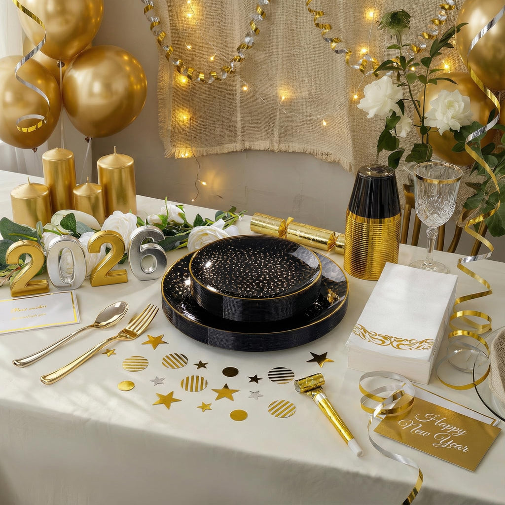 DaYammi 350PCS Clear Gold Plastic Dinnerware Set for 50 Guests, Hammered Disposable Plates for Party, Include: 50 Dinner Plates, 50 Dessert Plates, 150 Gold Silverware, 50 Napkins, 50 Cups