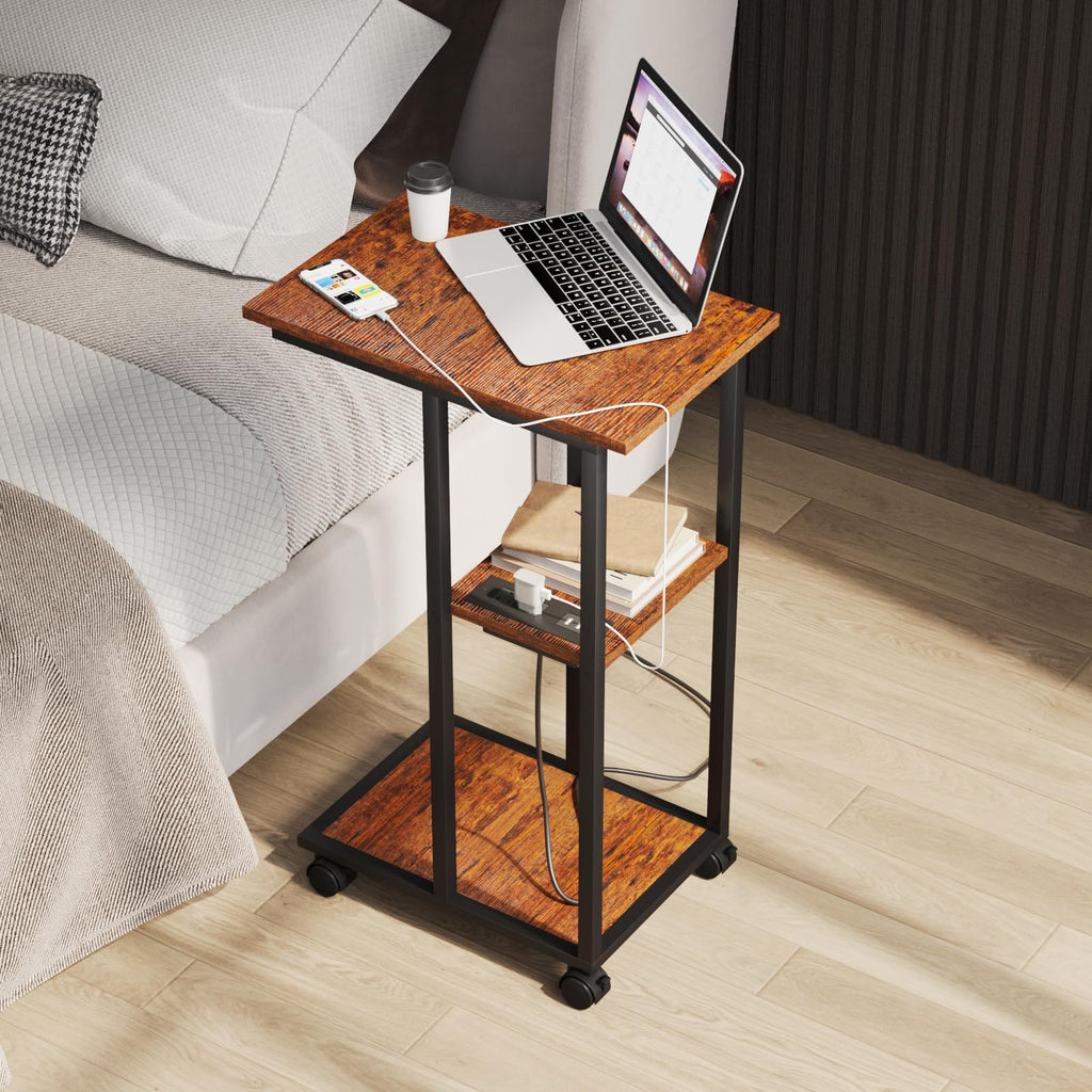 Homsorout C Shaped End Table - C Table on Wheels - Bedside Table with Wheels, Power Outlet and USB - Sofa Table for Living Room, Bedroom, Small Spaces - 27.2'' High, Brown