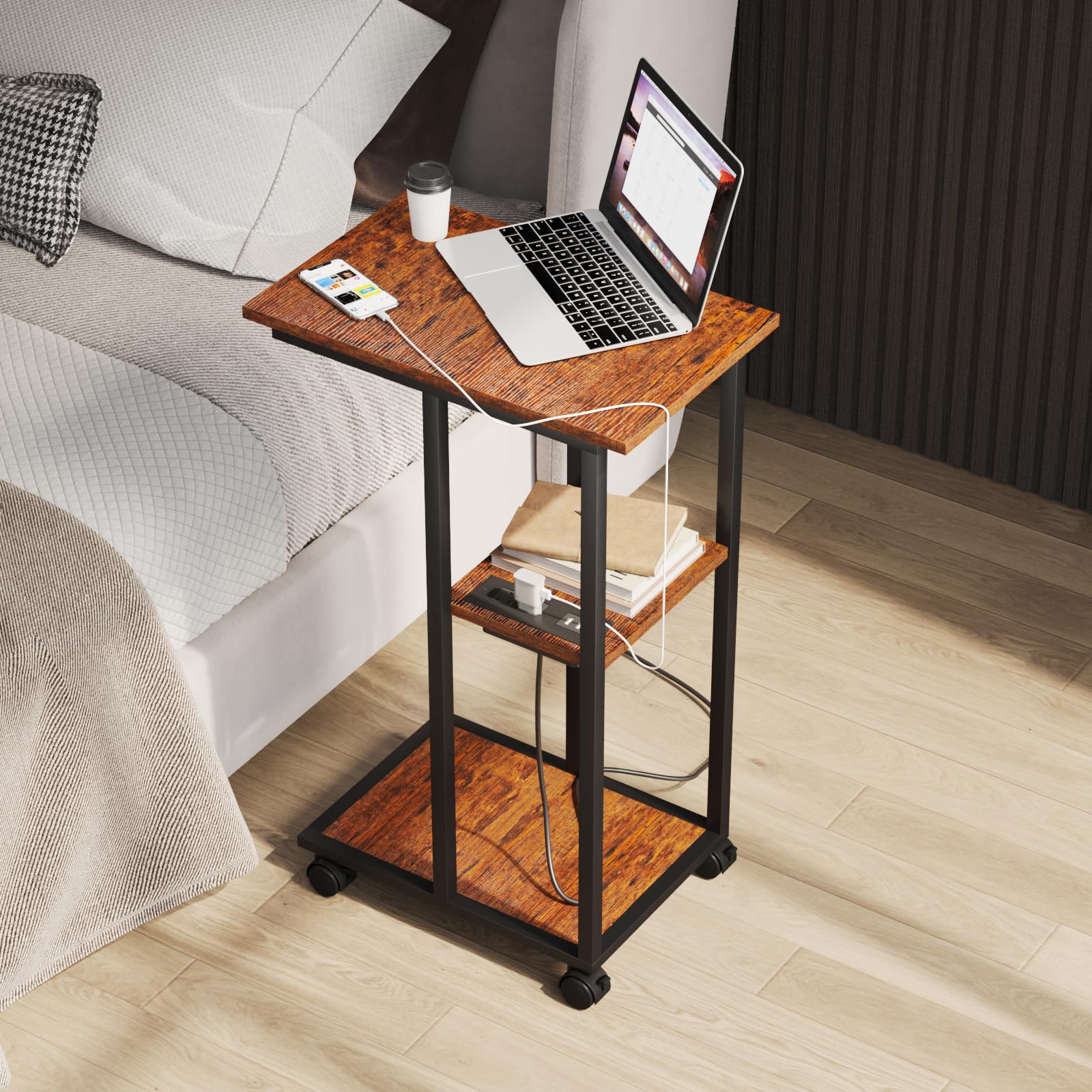 Homsorout C Shaped End Table - C Table on Wheels - Bedside Table with Wheels, Power Outlet and USB - Sofa Table for Living Room, Bedroom, Small Spaces - 27.2'' High, Brown