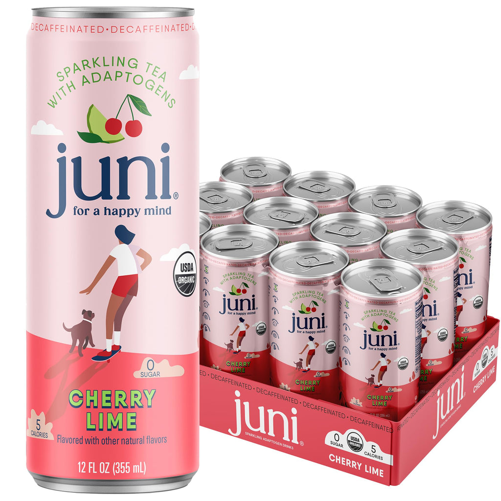 Juni Sparkling Adaptogen Drink with Ashwagandha, Lion’s Mane & Reishi Mushrooms | Green Tea for Focus, Zero Sugar, 5 Calories | Decaffeinated, Non Alcoholic Drinks – Variety Pack (12 Pack)
