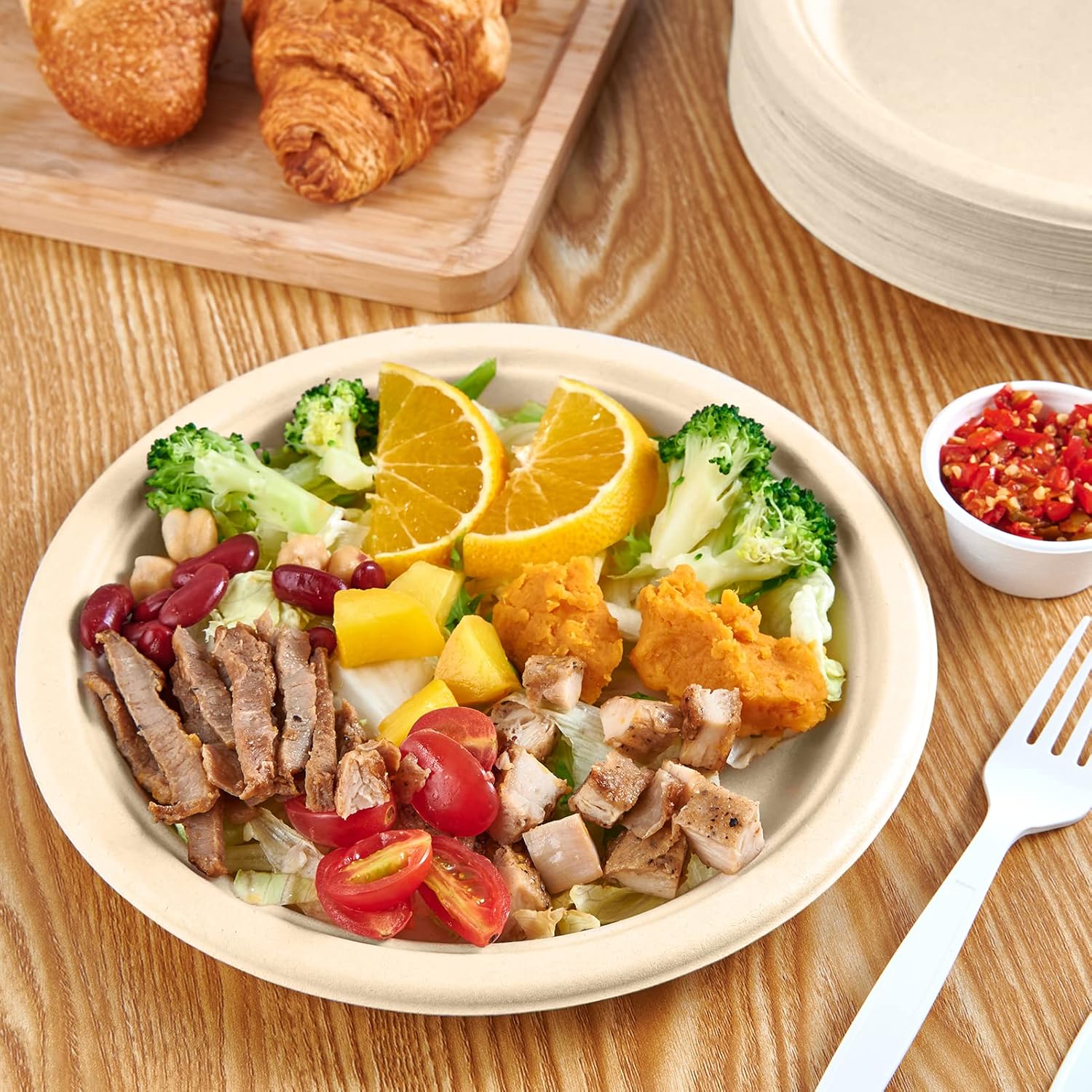 Vplus 150 Pack Compostable Disposable Paper Plates 9 inch and 500 Pack 12 OZ Paper Bowls