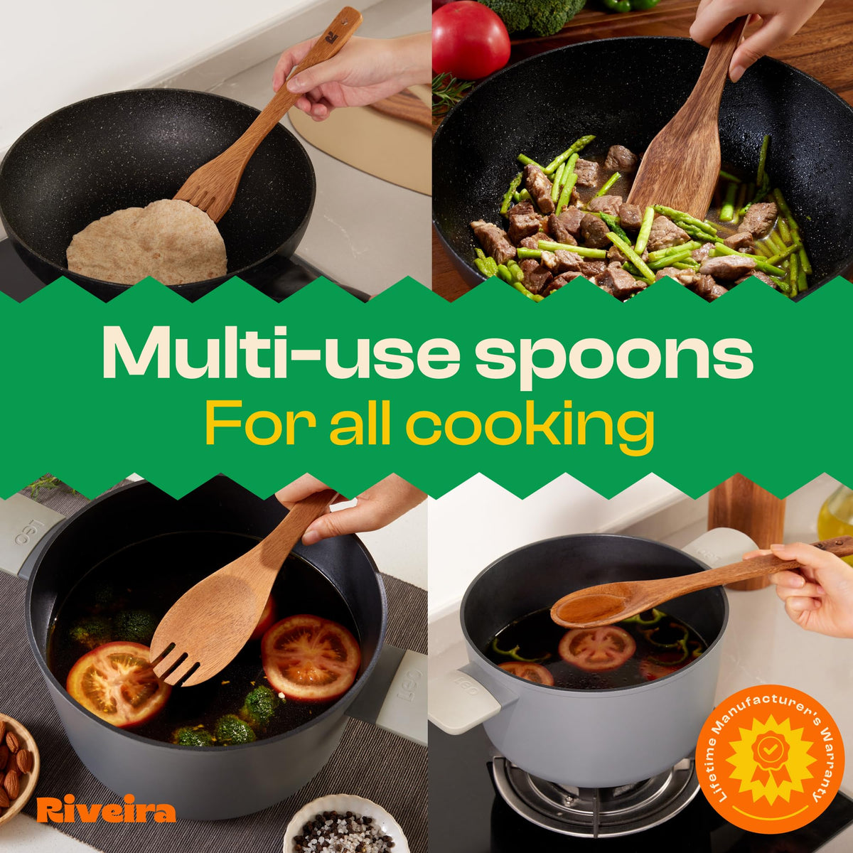Riveira Dark Bamboo Wooden Spoons for Cooking 6-Piece, Apartment Essentials Wood Spatula Spoon Nonstick Kitchen Utensil Set Premium Quality Housewarming Gifts for Everyday Use