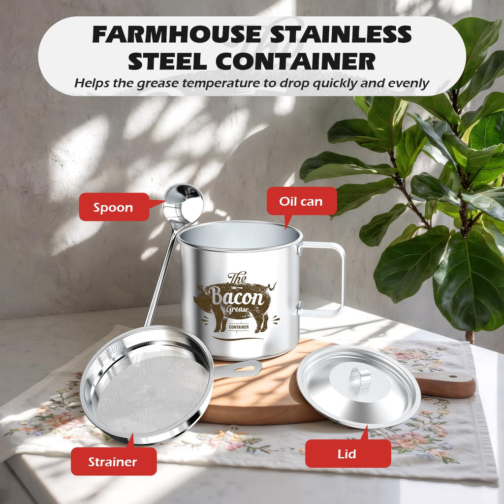 PGYARD Mini Bacon Grease Saver With Strainer - 20 OZ Stainless Steel Oil Container, Farmhouse Bacon Grease Keeper For Kitchen Fat Storage, Dishwasher Safe-Silver