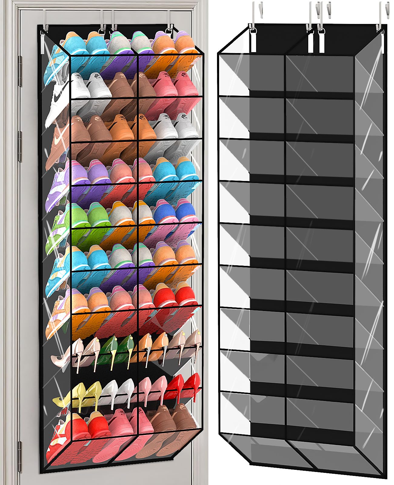 UVIAHOMI 20-30 Pairs Over the Door Shoe Organizer, Clear Pockets Hanging Shoe Storage for Closet, 10-Tier Door Shoes Rack, Handing Shoes Holder Fit All the Family's Sneakers, Boots, Heels, Black