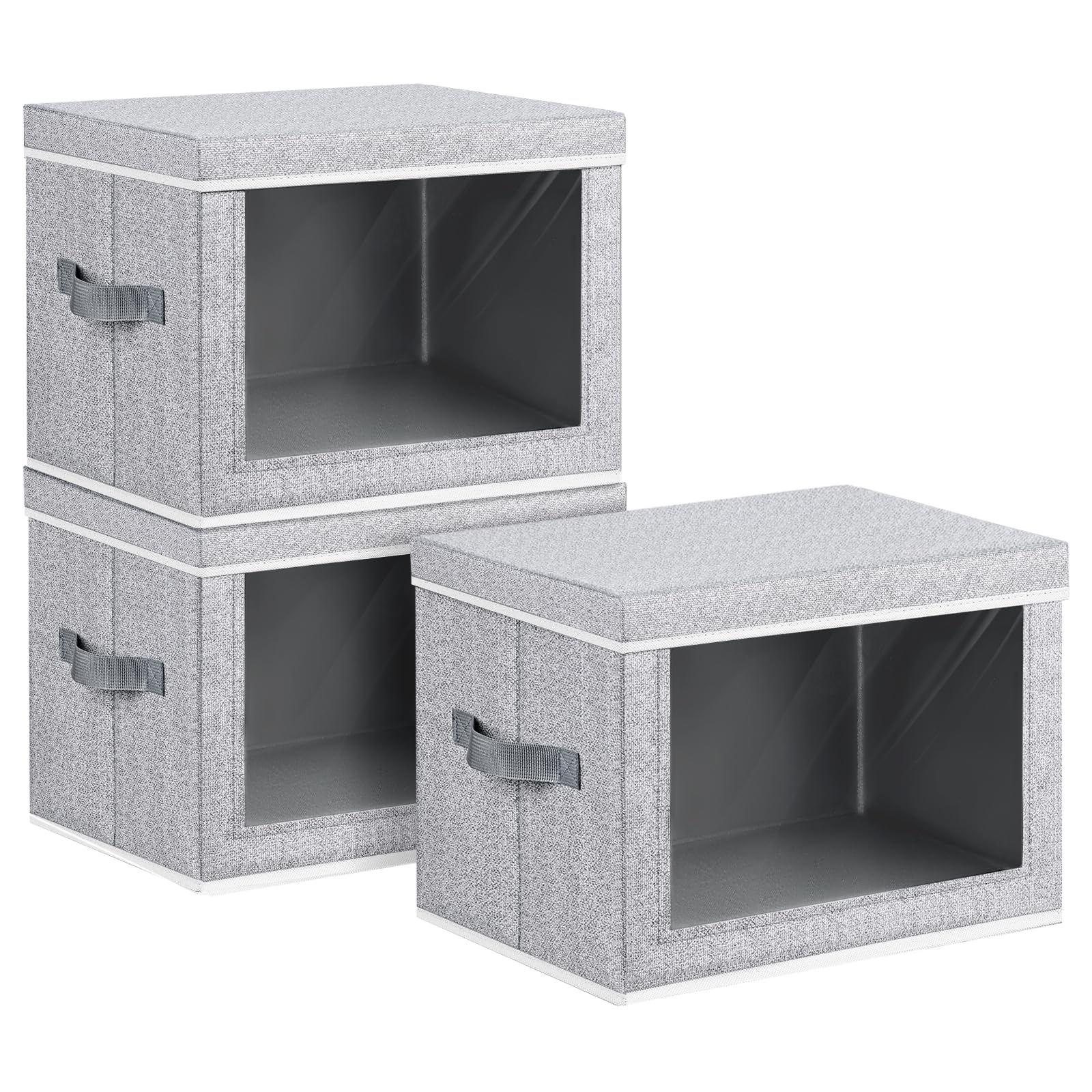 Homsorout Collapsible Storage Bins with Lids - Stackable Storage Containers with Window, 6 Pack Fabric Organizing Bins for Closet, Home & Office Organization Baskets, Beige, 14.9" x 9.8" x 9.8"