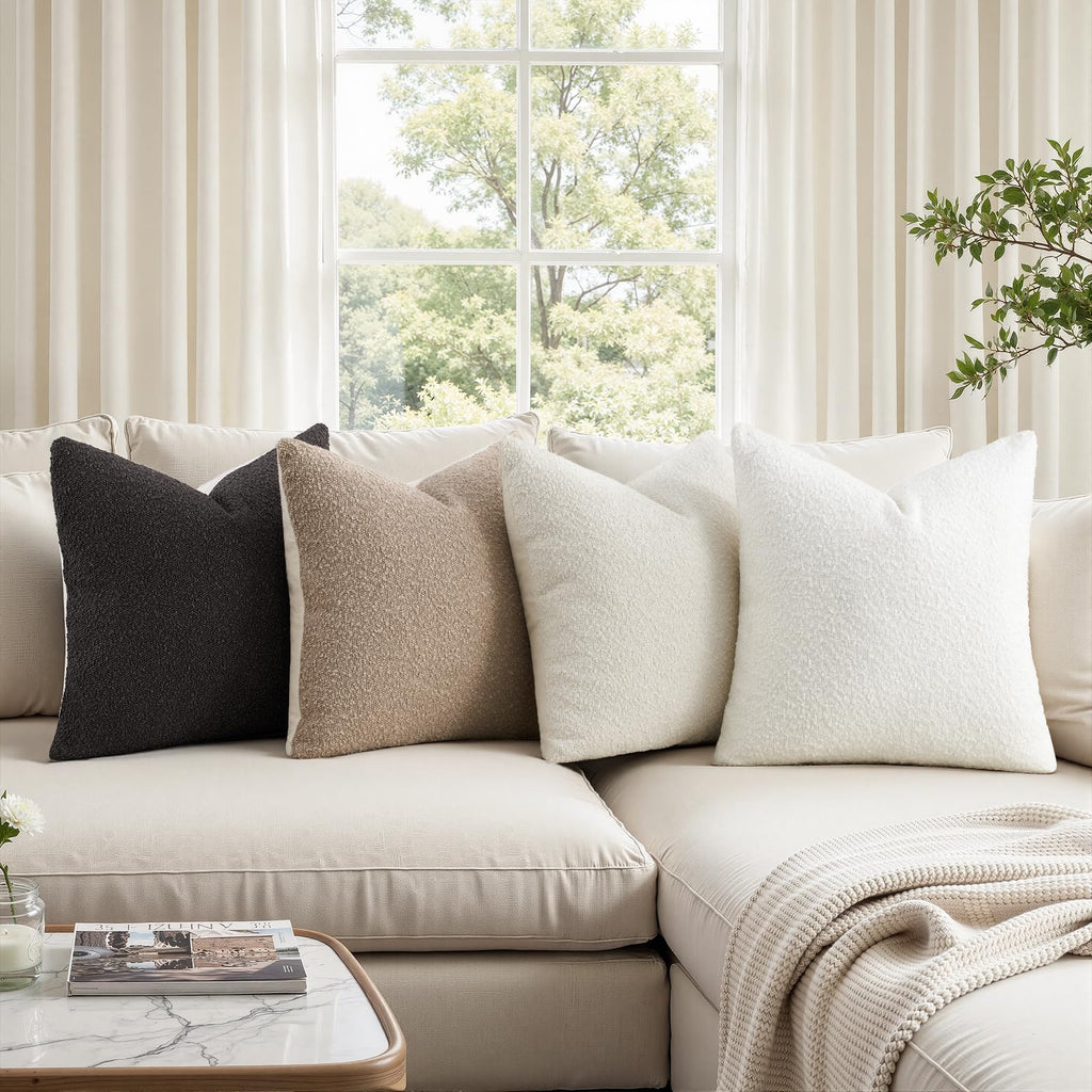 Topfinel Boucle Decorative Pillow Covers 18x18 Inches Set of 4 Neutral Cream Ivory White Pillowcase with Linen Cotton Back Chair Sofa Modern & Minimal Living Room Spring Home Decor
