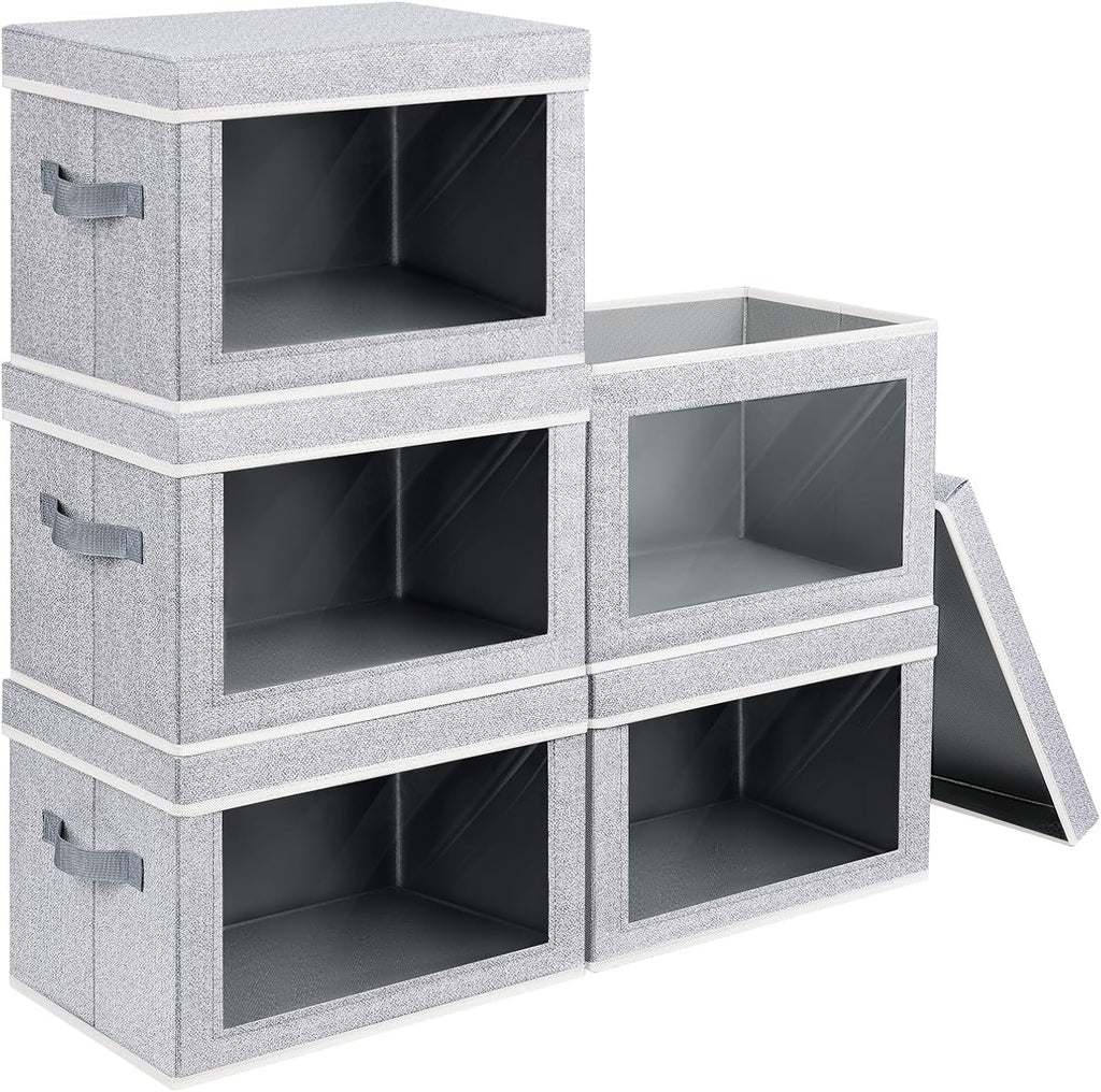 Homsorout Storage Bins with Lids - Fabric Storage Boxe with Window, Collapsible Closet Organizers with Handles, 3 Pack Decorative Bin, Home Cubes Baskets for Clothes, Hat, Books, Dark Grey