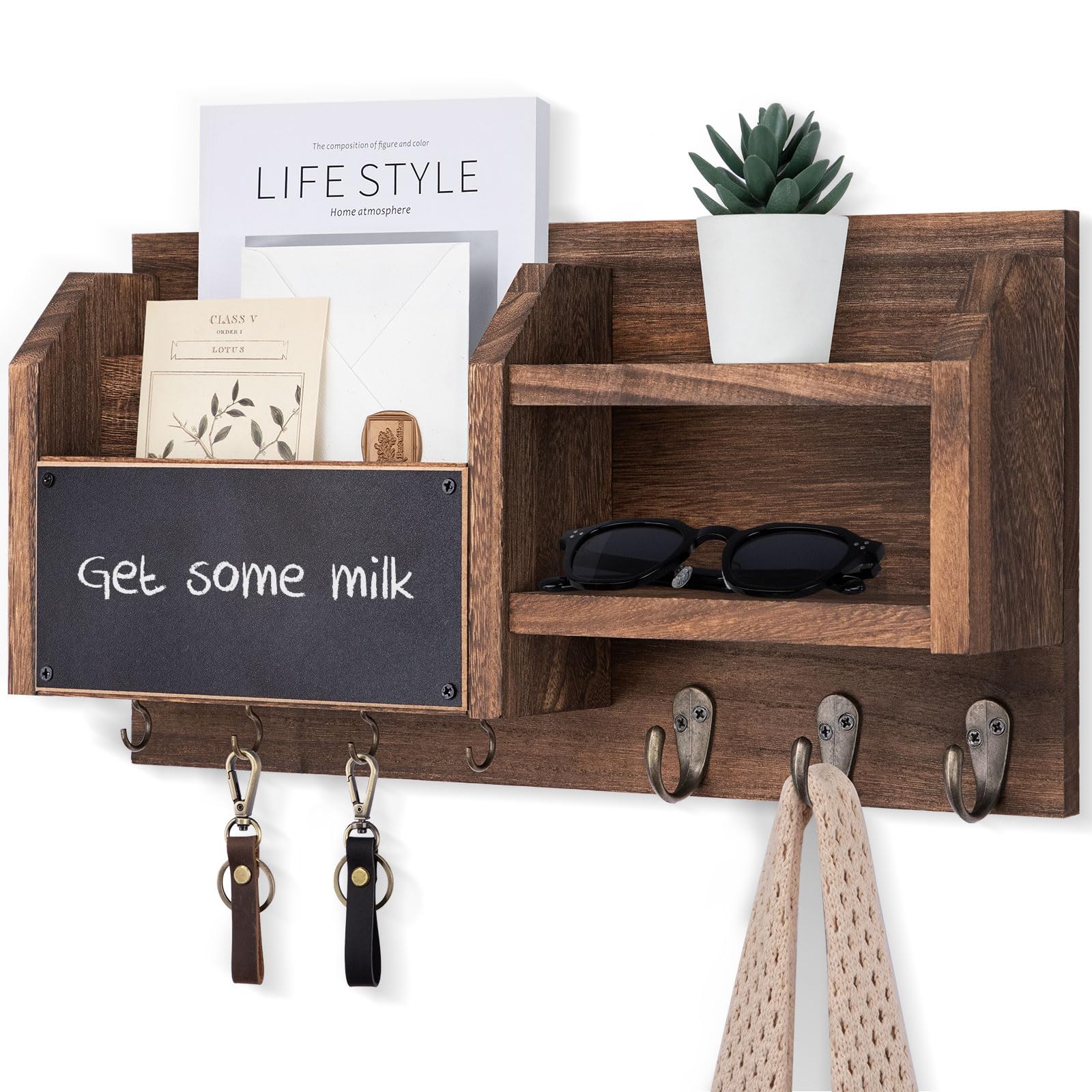 Mail and Key Holder – Wall Mount Key Hanger with Shelf and 7 Metal Hooks – Decorative Natural Paulownia Wood Entryway Organizer with Mounting Hardware (16.5”W x 8.7”H x 3.5”D) (Brown)