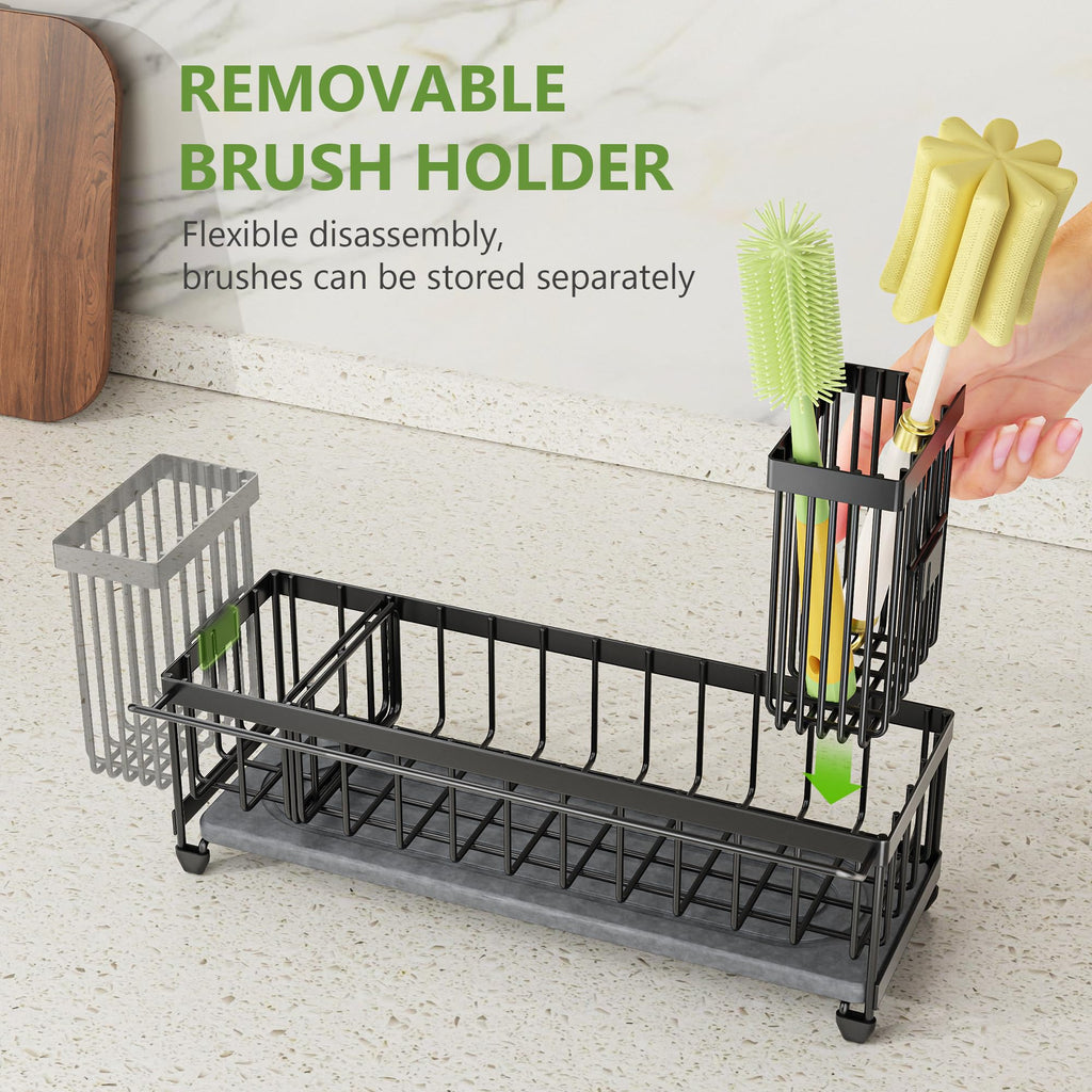 Cisily Extra Large Sink Caddy Organizer with Drying Stone, Black Sponge Holder for Kitchen, Dish Brush Holder for Countertop, Kitchen Decor Storage and Essentials