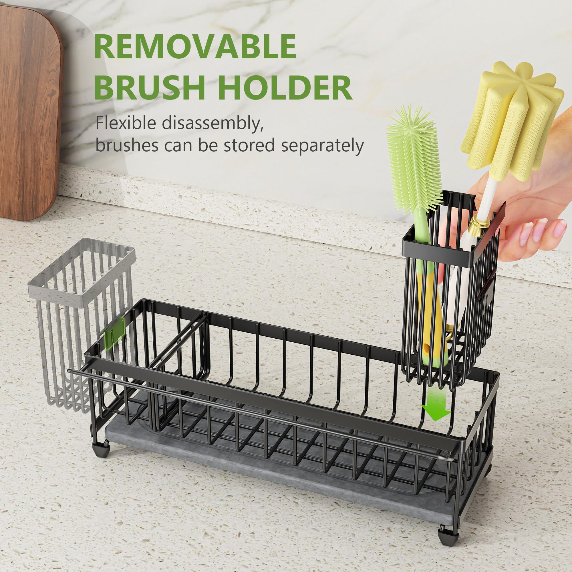 Cisily Extra Large Sink Caddy Organizer with Drying Stone, Black Sponge Holder for Kitchen, Dish Brush Holder for Countertop, Kitchen Decor Storage and Essentials