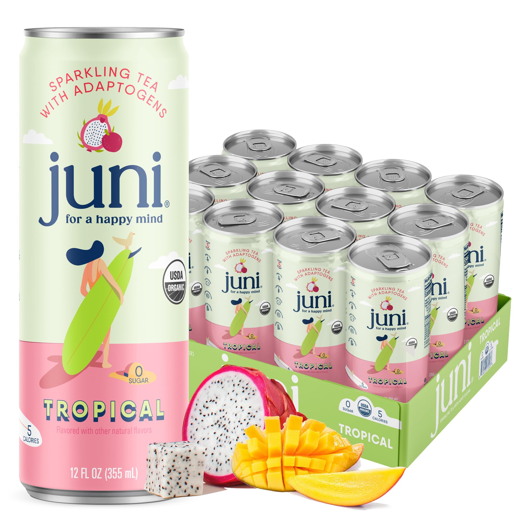 Juni Sparkling Adaptogen Drink with Ashwagandha, Lion’s Mane & Reishi Mushrooms | Green Tea for Focus, Zero Sugar, 5 Calories, Organic | Non Alcoholic Drinks - Variety Pack 12 pack