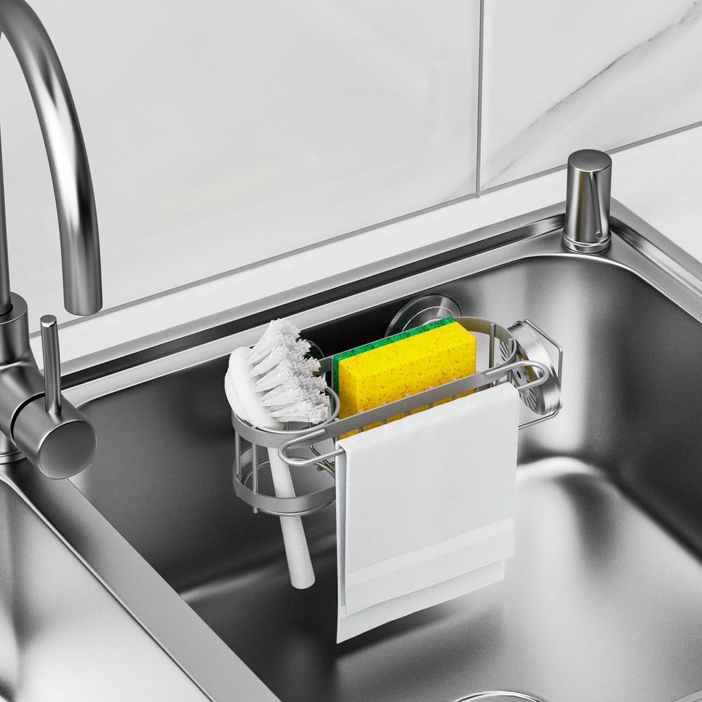 Cisily Organizador de Fregadero de Cocina con Soporte para Esponja en el Fregadero, Organizador de Fregadero de Cocina de Acero Inoxidable, Soporte para Cepillo, Percha para Paños de Platos, Soporte