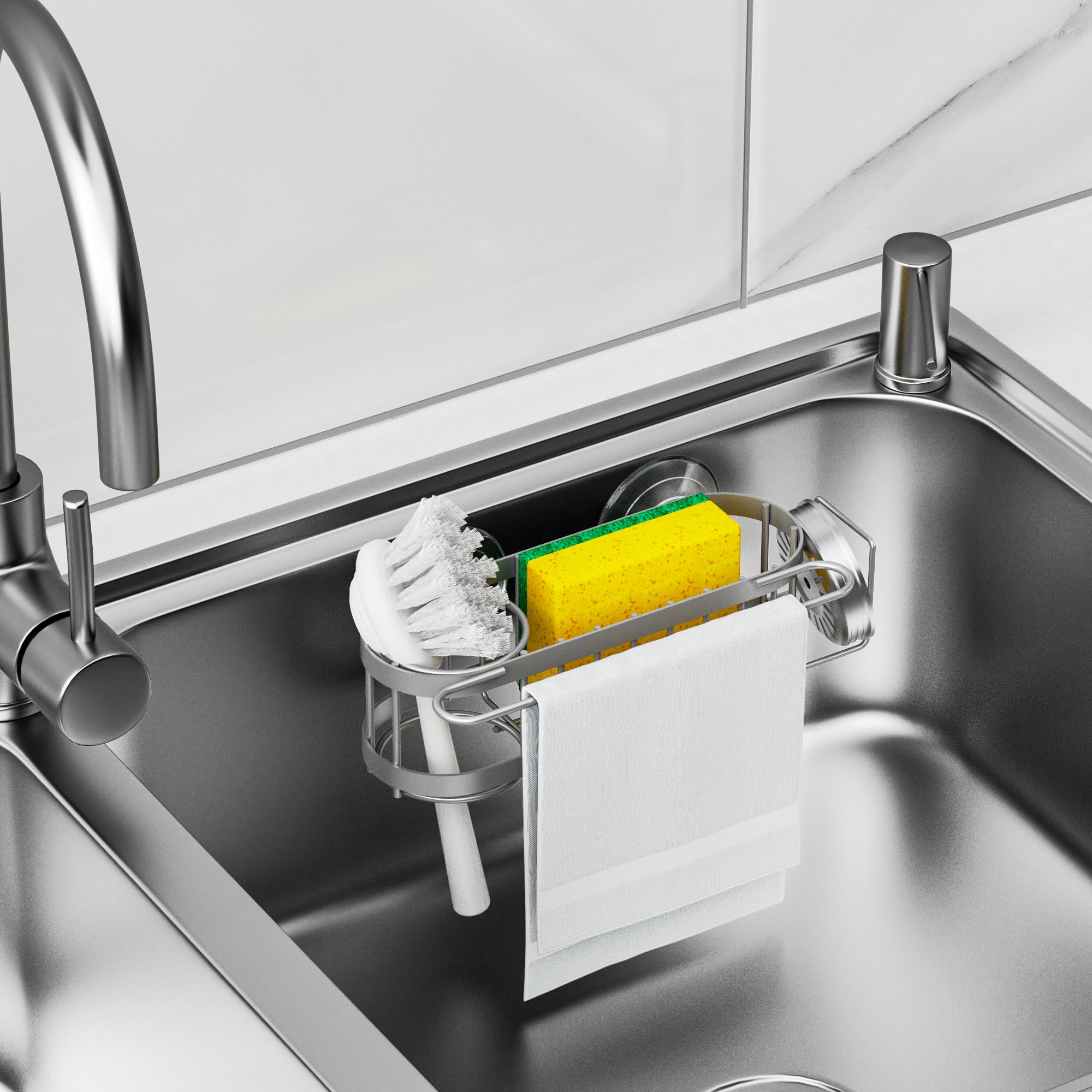 Cisily Organizador de Fregadero de Cocina con Soporte para Esponja en el Fregadero, Organizador de Fregadero de Cocina de Acero Inoxidable, Soporte para Cepillo, Percha para Paños de Platos, Soporte