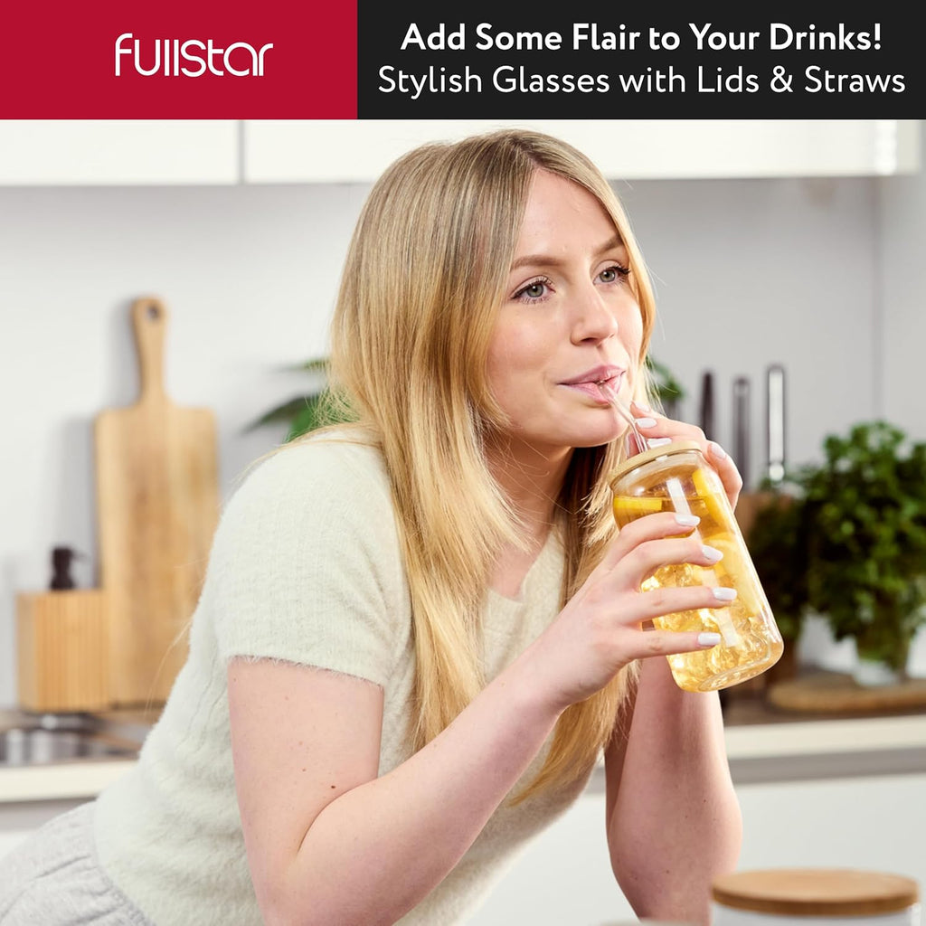 fullstar Glass Tumblers with Lids and Straws – Reusable Iced Coffee Cups with Bamboo Lids (Multicolor, 8 Pack)