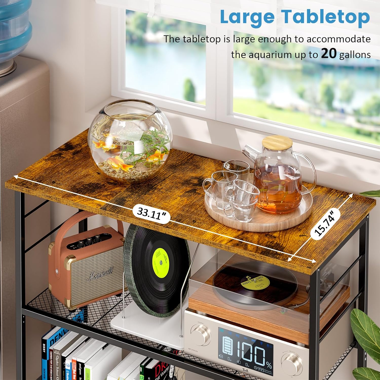 ThreeHio 20 Gallon Fish Tank Stand, 3 Tier Aquarium Stand with Adjustable Shelf, 33.11" L* 15.75" W Tabletop, Heavy Duty Terrarium Stand with Lockable Wheels, Rolling Storage Cart Shelf Rack Organizer for Kitchen, Living Room, Office, Balcony