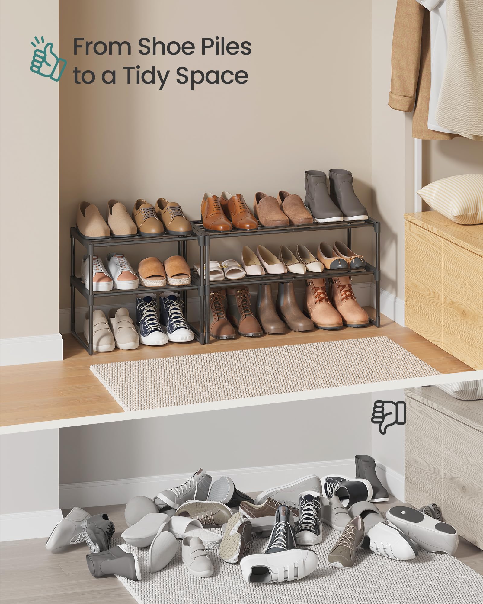 SONGMICS Shoe Rack, 3-Tier Shoe Organizer, Metal Storage Shelf, Upright or Upside Down, for 16-20 Pairs, Stackable, for Entryway, 11.8 x 36.2 x 21.7 Inches, Black ULSA303B02