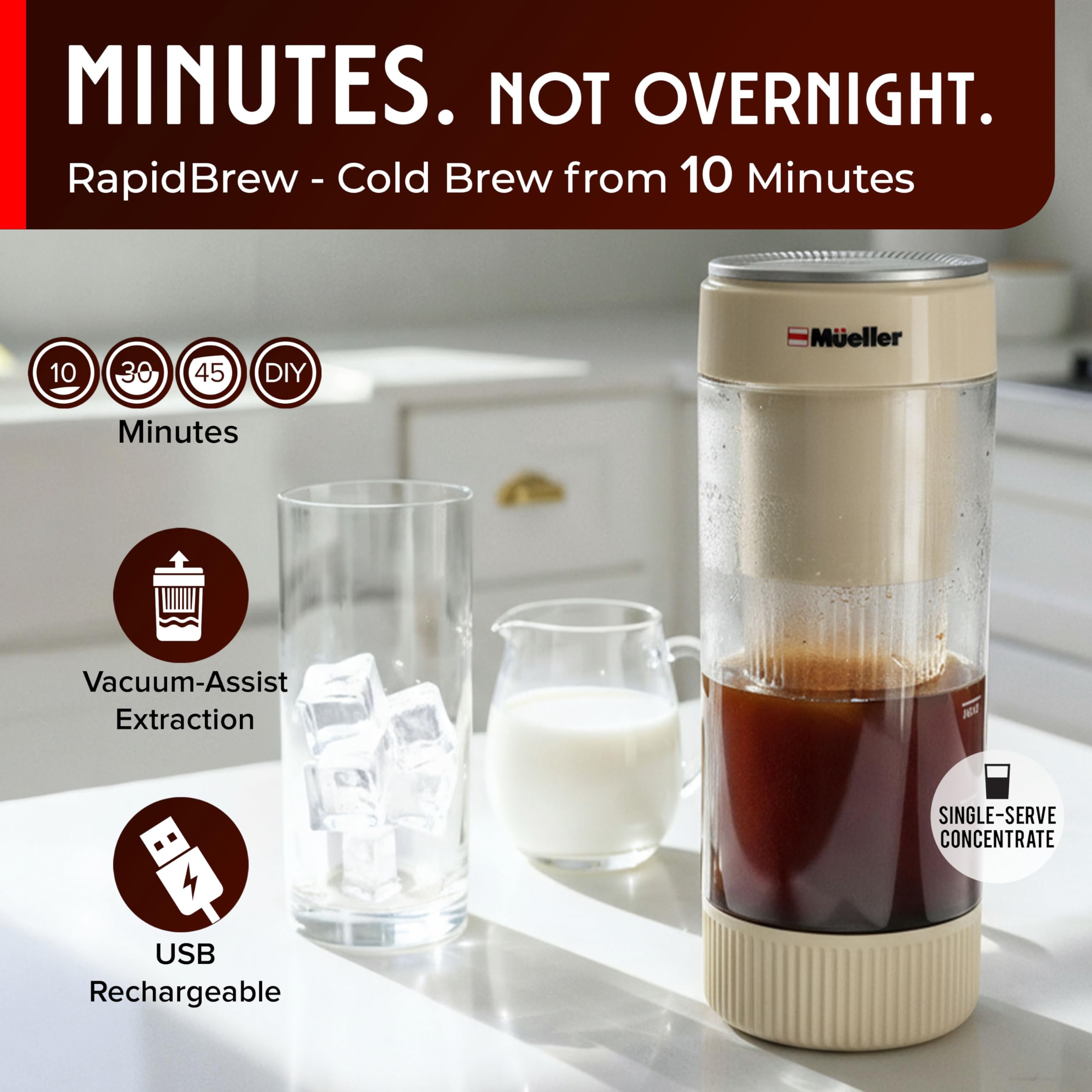 Mueller RapidBrew Cold Brew Iced Coffee Maker – 10 Min Fast Brew Portable Rechargeable Cold Brew Machine for Coffee & Tea – Adjustable Strength 10-99 Min – 20 Servings Per Charge, Black Coffee