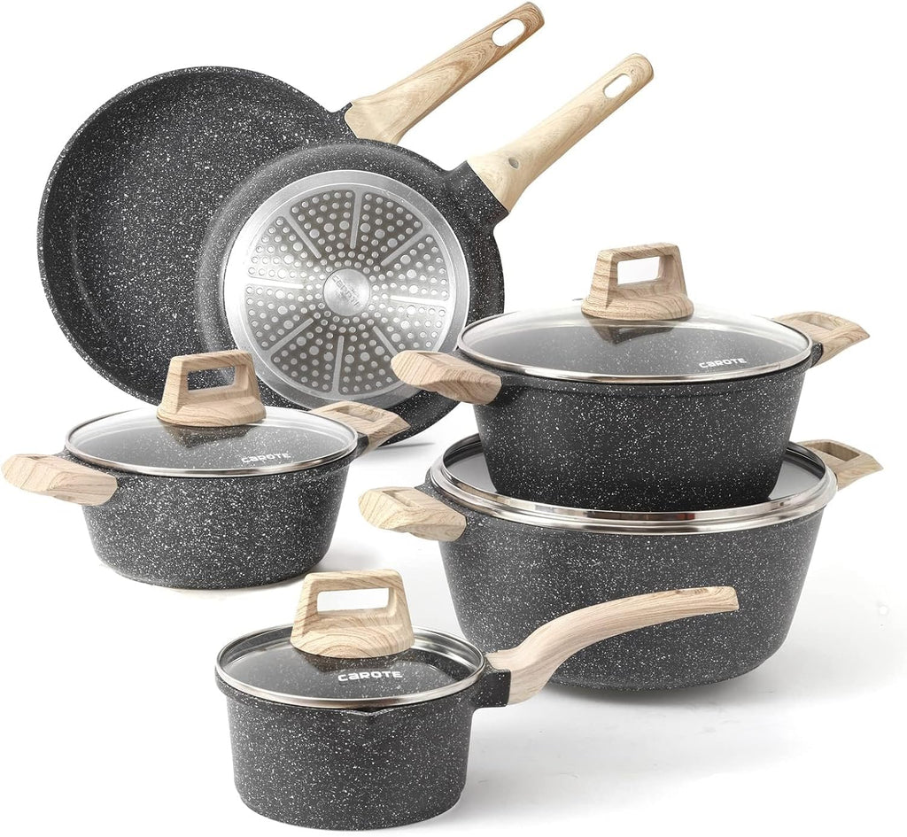 CAROTE 21Pcs Pots and Pans Set, Nonstick Cookware Sets, White Granite Induction Cookware Non Stick Cooking Set w/Frying Pans & Saucepans(PFOS, PFOA Free)