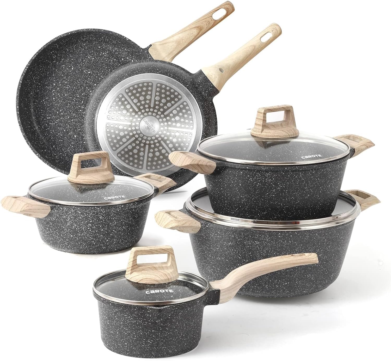 CAROTE 21Pcs Pots and Pans Set, Nonstick Cookware Sets, White Granite Induction Cookware Non Stick Cooking Set w/Frying Pans & Saucepans(PFOS, PFOA Free)