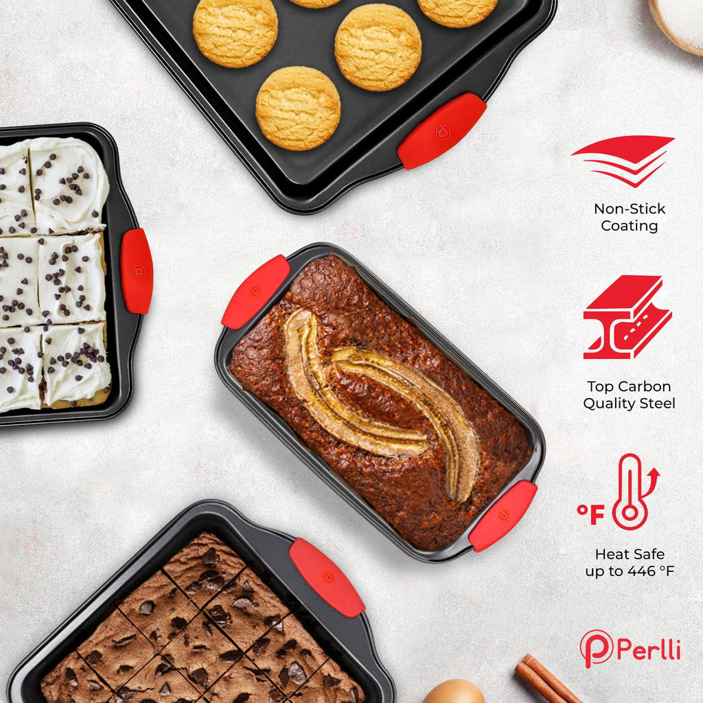 PERLLI Non-Stick 6-Piece Baking Pan Set, BPA-Free Carbon Steel Bakeware Set with Silicone Handles, Stackable Kitchen Oven Set, Cookie Sheet, Baking Tray, Baking Sheet Set, Oven Safe (446°F)