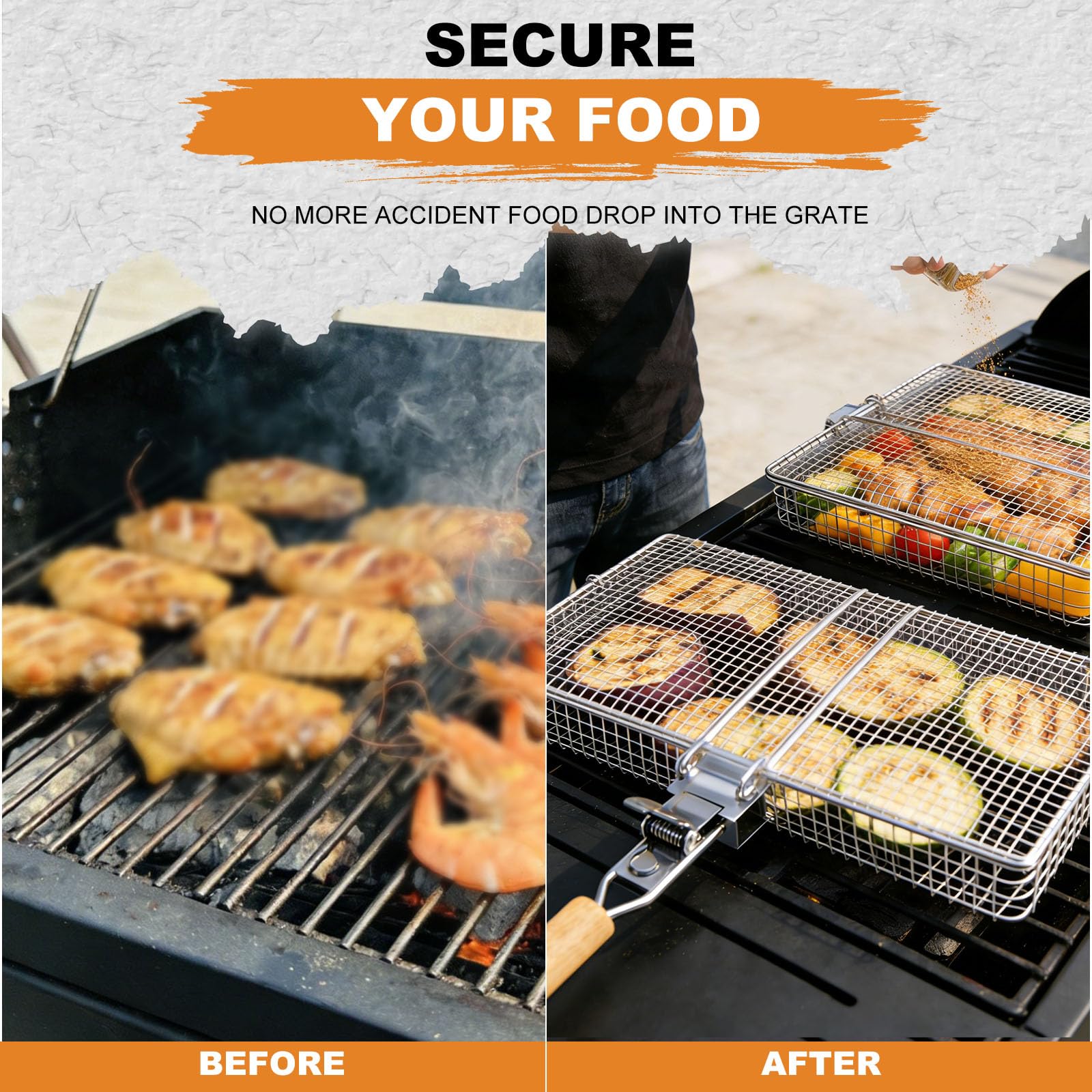 WILLBBQ Grill Basket Set for Camping Outdoor BBQ, Includes 2 Sizes, Removable Divider, Basting Brush, Folding Portable Wooden Handles, Stainless Steel Fish Grilling Veggie Meat Baskets(Stainless Steel Color)