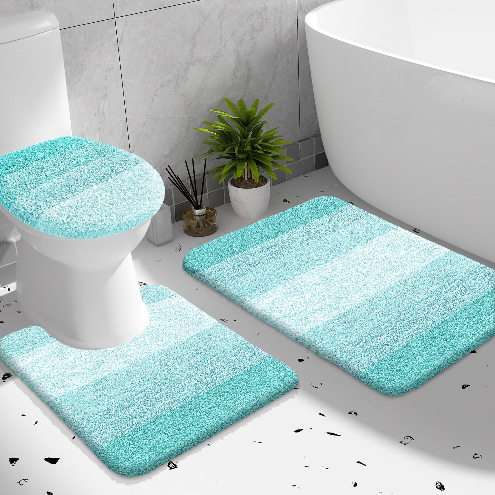 OLANLY Bathroom Rugs Sets 3 piece, Soft Microfiber Absorbent Bath Mat, U-Shaped Contour Toilet Mat and Toilet Lid Cover, Quick Dry, Machine Washable, Toilet Cover and Rug Set for Bathroom, Grey