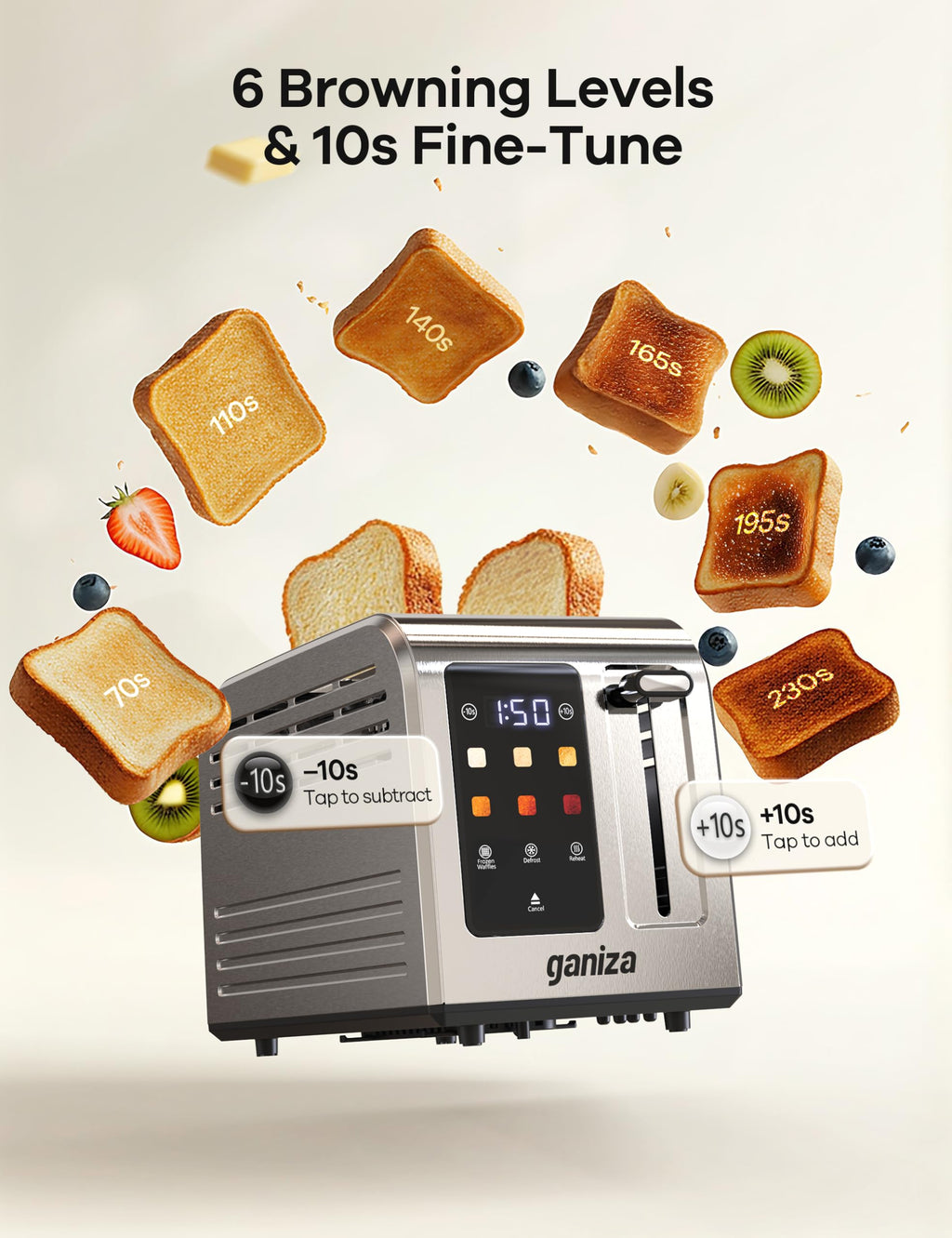 Ganiza Smart Toaster 2 Slice with Touchscreen, Digital Countdown Timer, Touch Screen Toaster Wide Slot, Full Stainless Steel, Defrost Reheat Cancel, +/-10s Fine-Tune, Removable Crumb Tray, Max 925W