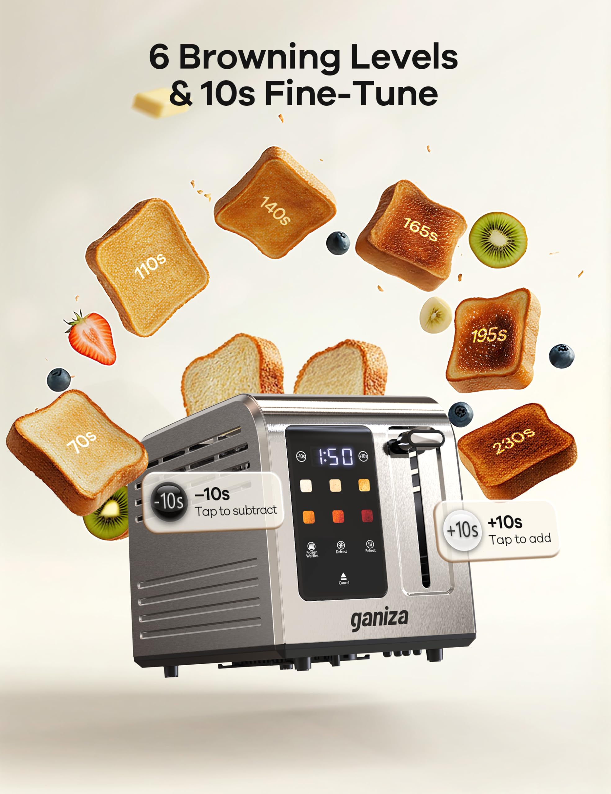 Ganiza Smart Toaster 2 Slice with Touchscreen, Digital Countdown Timer, Touch Screen Toaster Wide Slot, Full Stainless Steel, Defrost Reheat Cancel, +/-10s Fine-Tune, Removable Crumb Tray, Max 925W