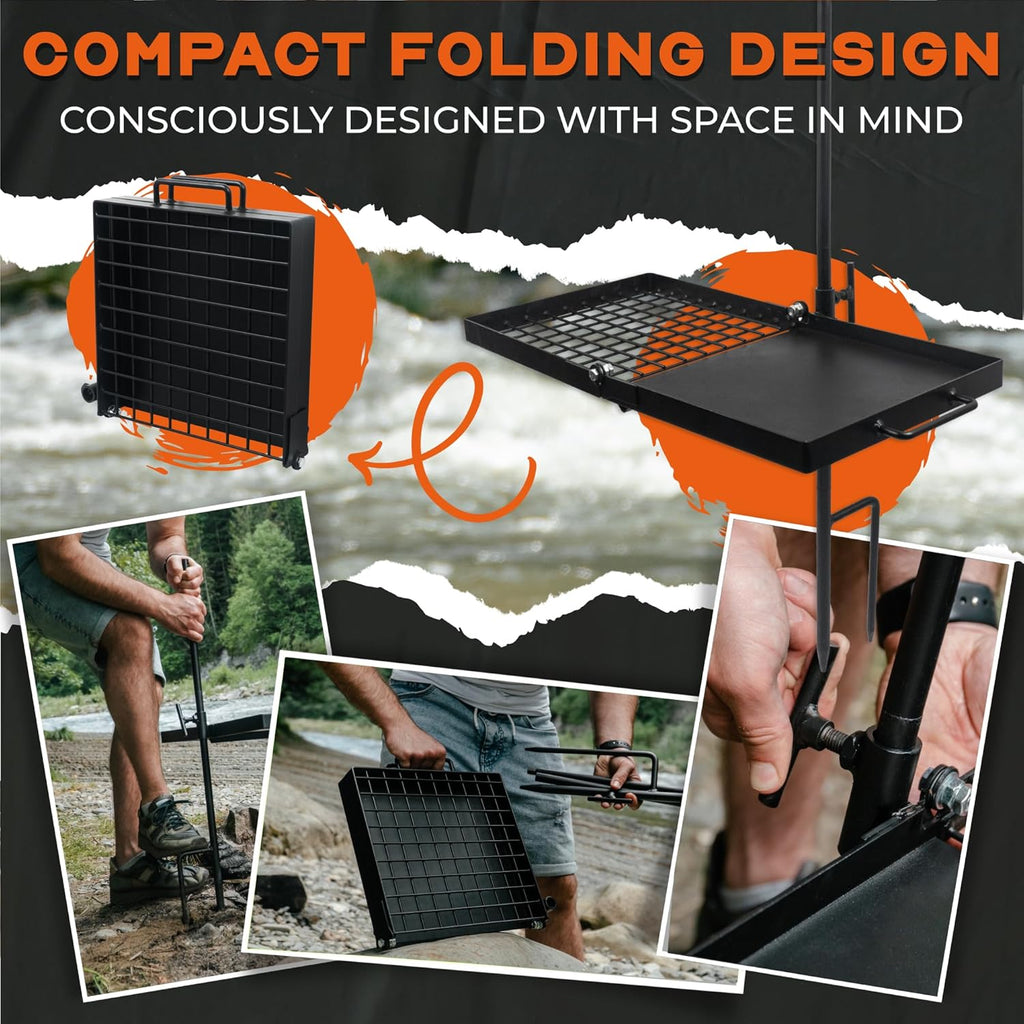 Adventure Seeka 24" Heavy Duty Folding Campfire Grill, Compact Swivel Grill Design, Food-Safe Cooking Surface, Grate & Griddle for Campfire Cooking, Australian Owned