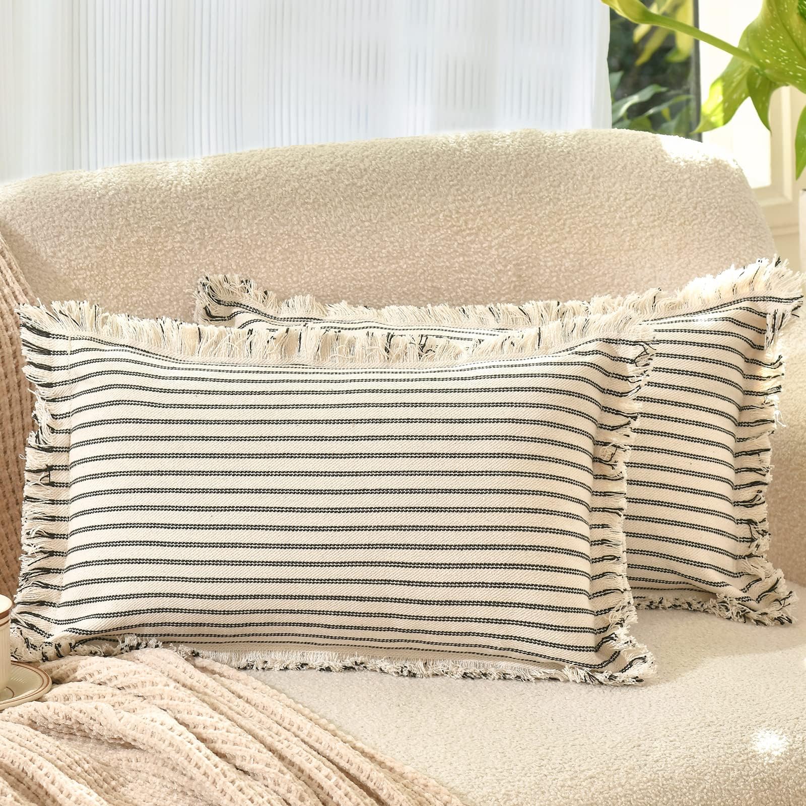 ZWJD Throw Pillow Covers 20x20 Set of 2 Striped Pillow Covers with Fringe Chic Cotton Decorative Pillows Square Cushion Covers for Sofa Couch Bed Living Room Farmhouse Decor, (Gray)