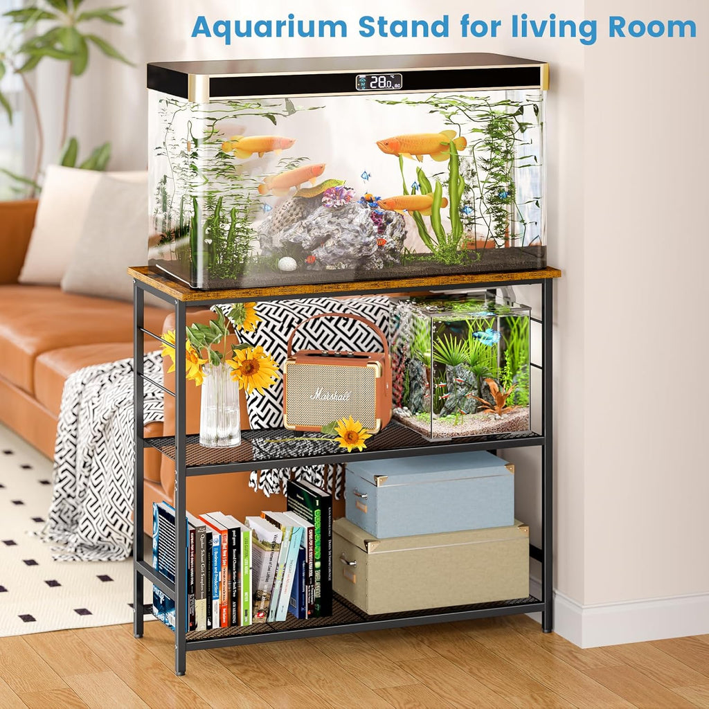 ThreeHio 20 Gallon Fish Tank Stand, 3 Tier Aquarium Stand with Adjustable Shelf, 33.11" L* 15.75" W Tabletop, Heavy Duty Terrarium Stand with Lockable Wheels, Rolling Storage Cart Shelf Rack Organizer for Kitchen, Living Room, Office, Balcony