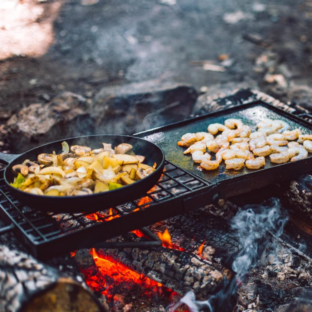 Adventure Seeka 24" Heavy Duty Folding Campfire Grill, Compact Swivel Grill Design, Food-Safe Cooking Surface, Grate & Griddle for Campfire Cooking, Australian Owned