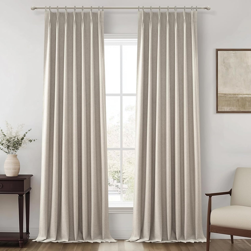 Natural Linen Pinch Pleated Blackout Curtains & Drapes 96 Inch Long Bedroom/Livingroom Farmhouse Curtains 2 Panel Sets, Neutral Track Room Darkening Thermal Insulated 8ft Back Tab Window Curtain